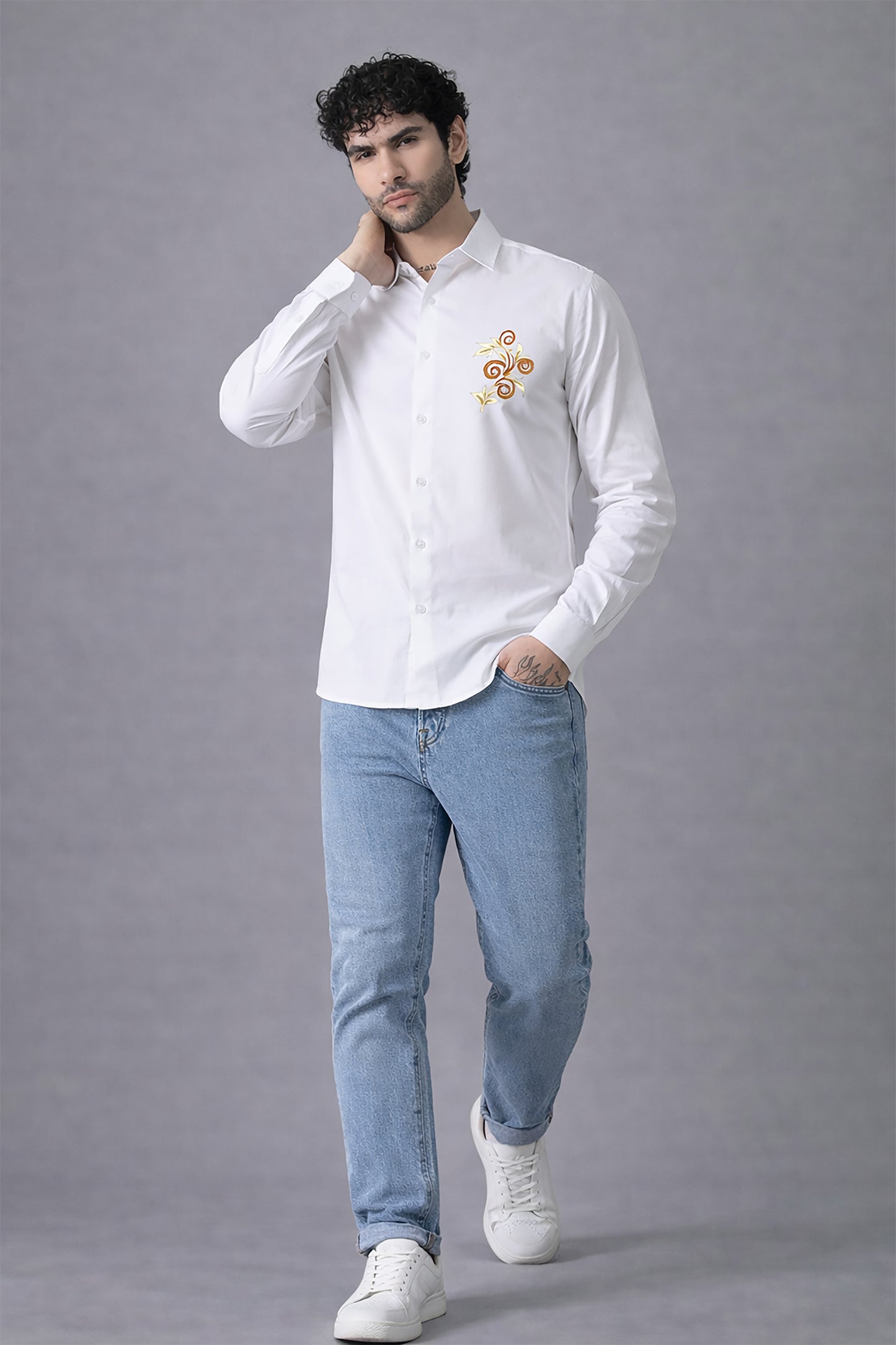 White Men's Graphic Printed Cotton Poplin Regular Fit Full Sleeve Formal Shirts