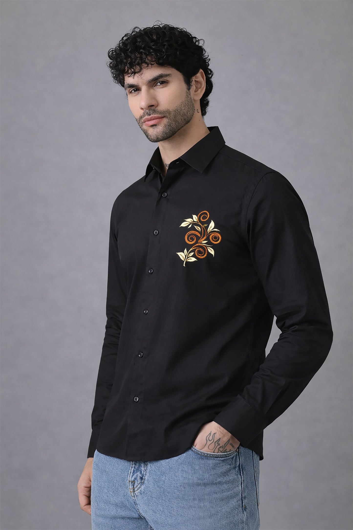 Black Men's Graphic Printed Cotton Poplin Regular Fit Full Sleeve Formal Shirts