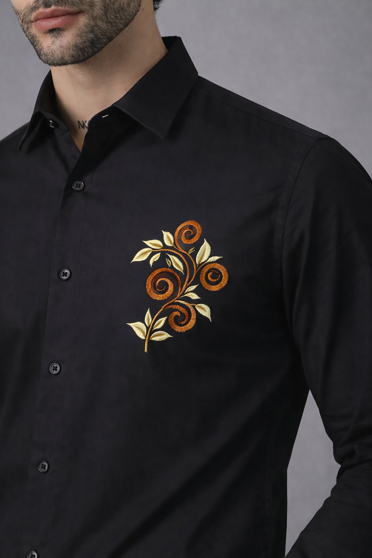 Black Men's Graphic Printed Cotton Poplin Regular Fit Full Sleeve Formal Shirts
