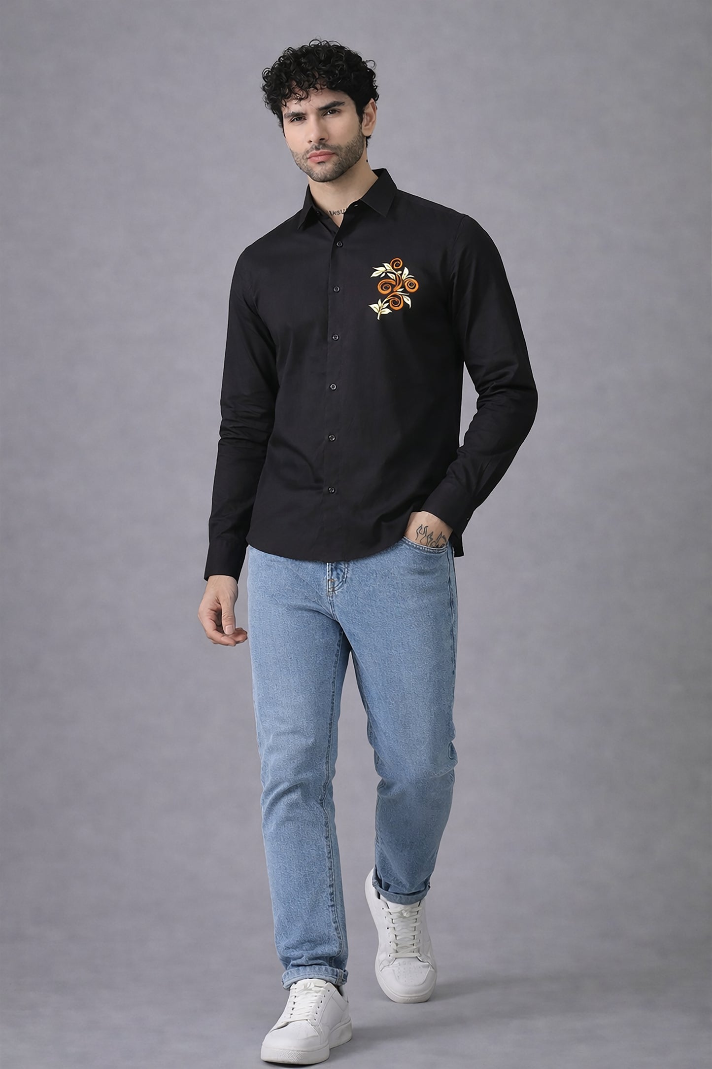 Black Men's Graphic Printed Cotton Poplin Regular Fit Full Sleeve Formal Shirts