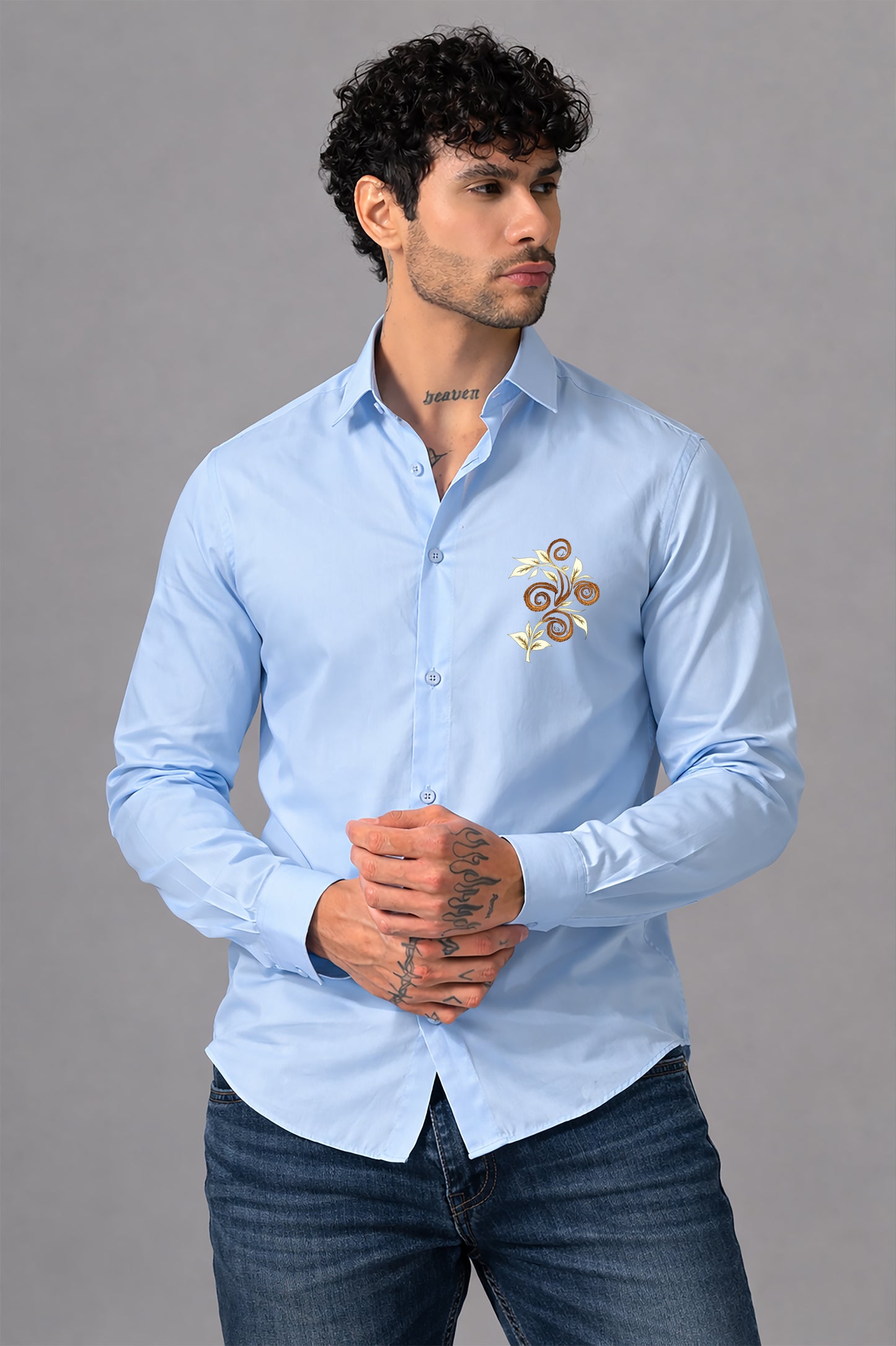 Blue Men's Graphic Printed Cotton Poplin Regular Fit Full Sleeve Formal Shirts