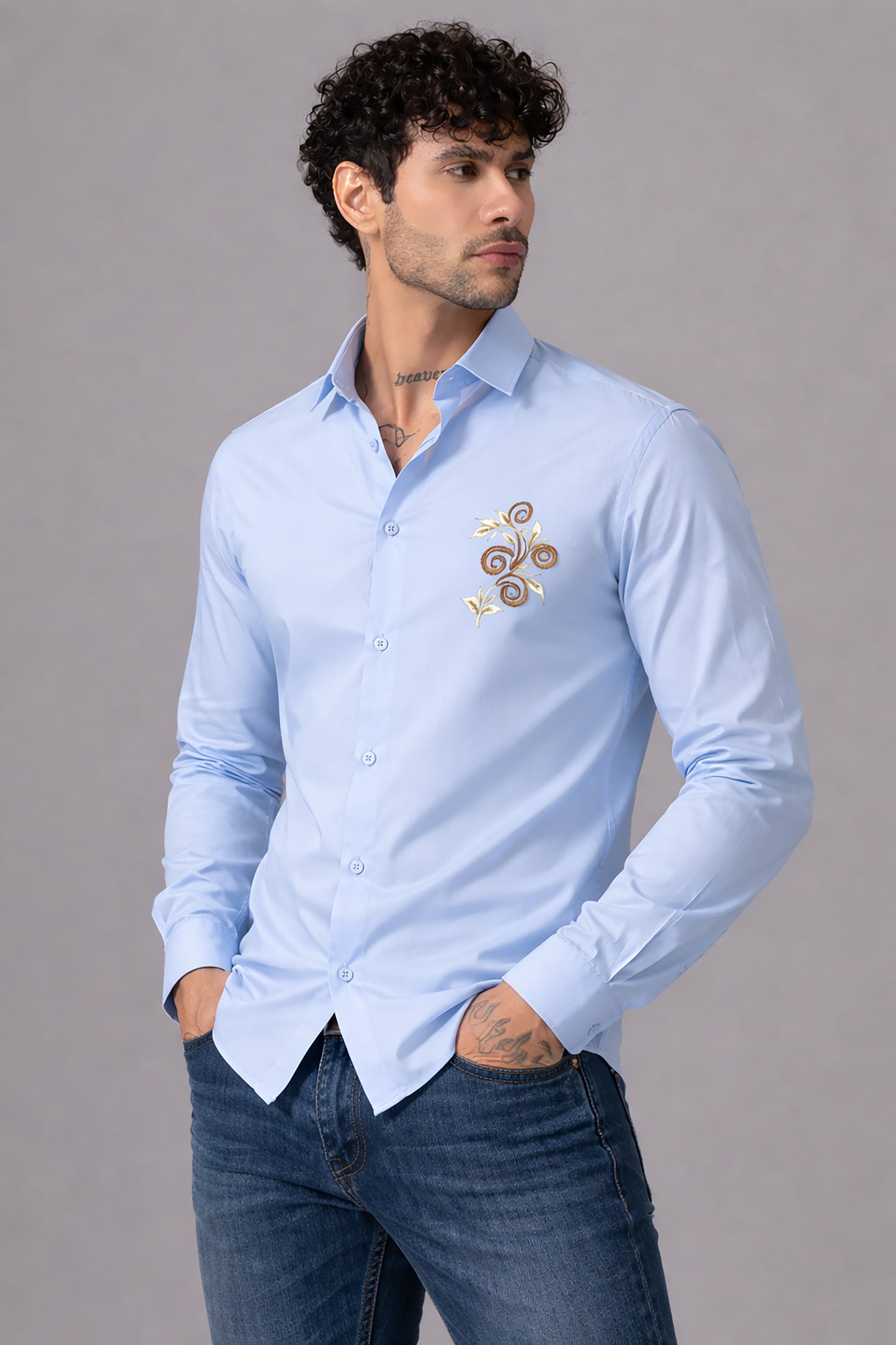 Blue Men's Graphic Printed Cotton Poplin Regular Fit Full Sleeve Formal Shirts