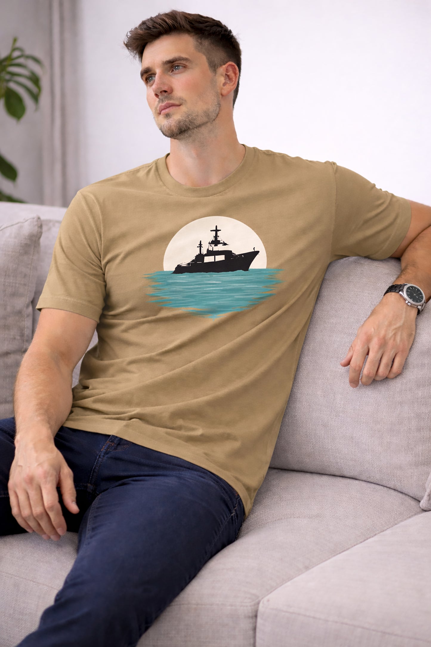 Khaki Men’s Graphic Print T-Shirt – Regular Fit Casual Wear