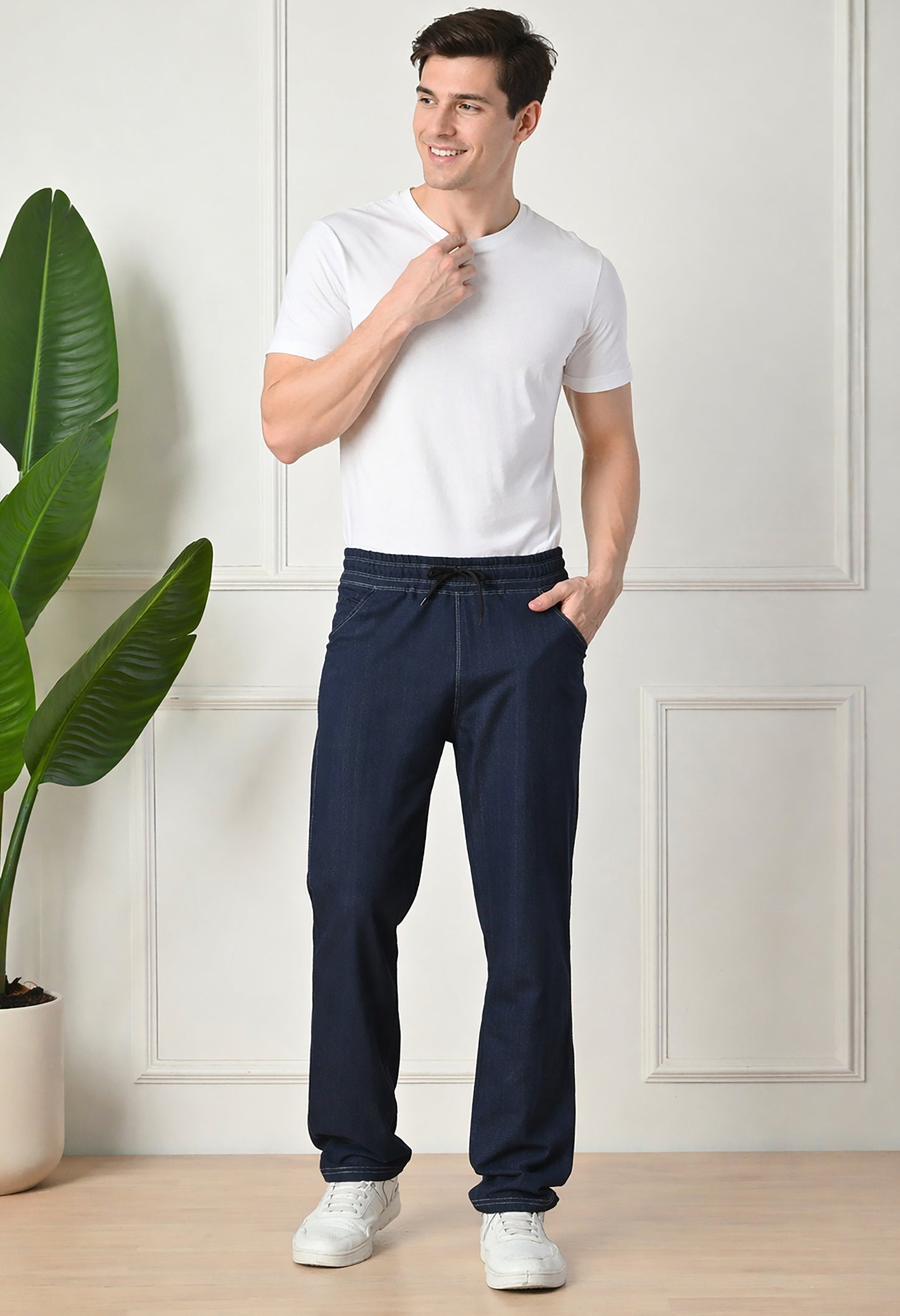 Navy Blue Men’s Knitted Tapered Jogger Pants – Mid-Rise Drawstring Athleisure Wear