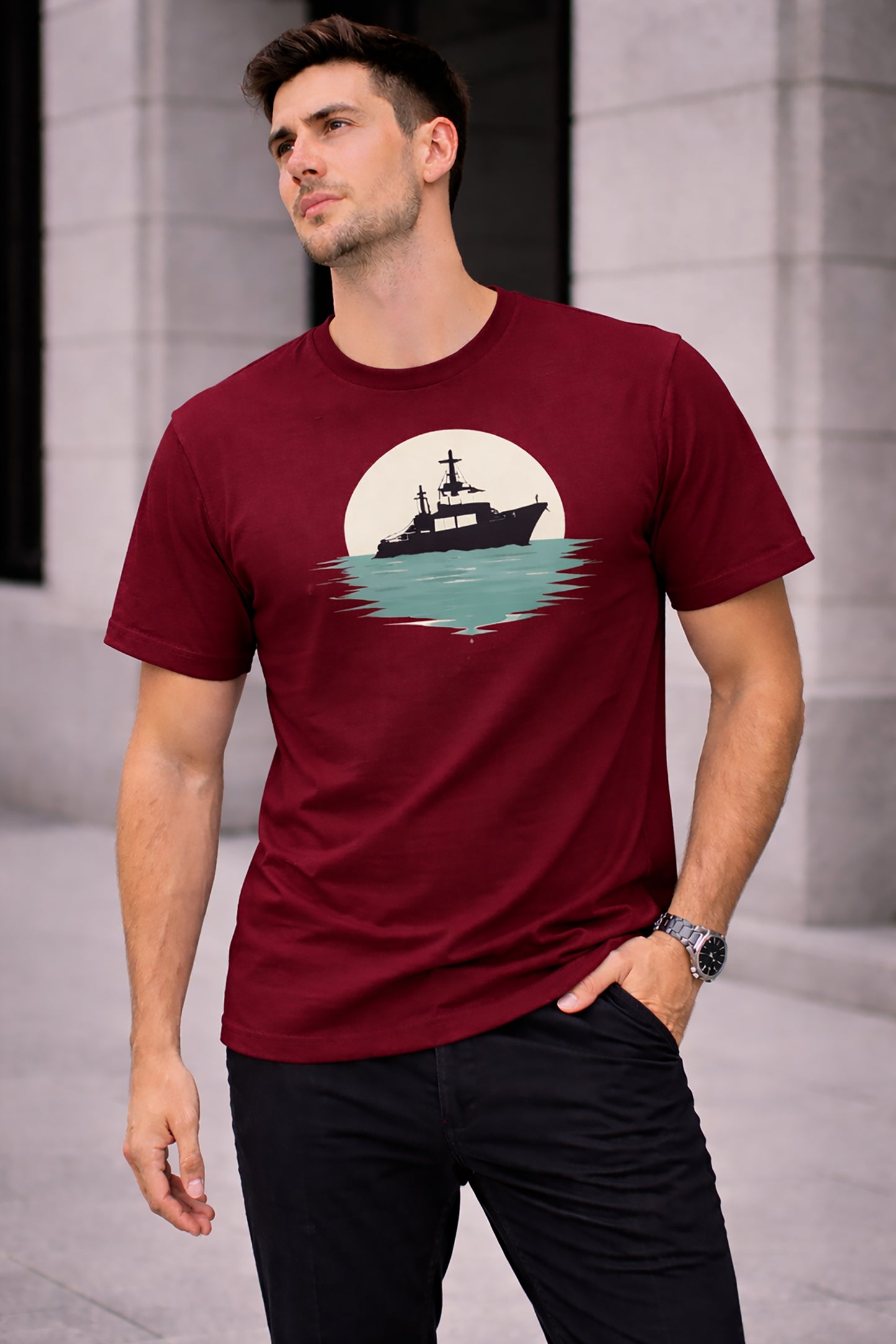 Maroon Men’s Graphic Print T-Shirt – Regular Fit Casual Wear