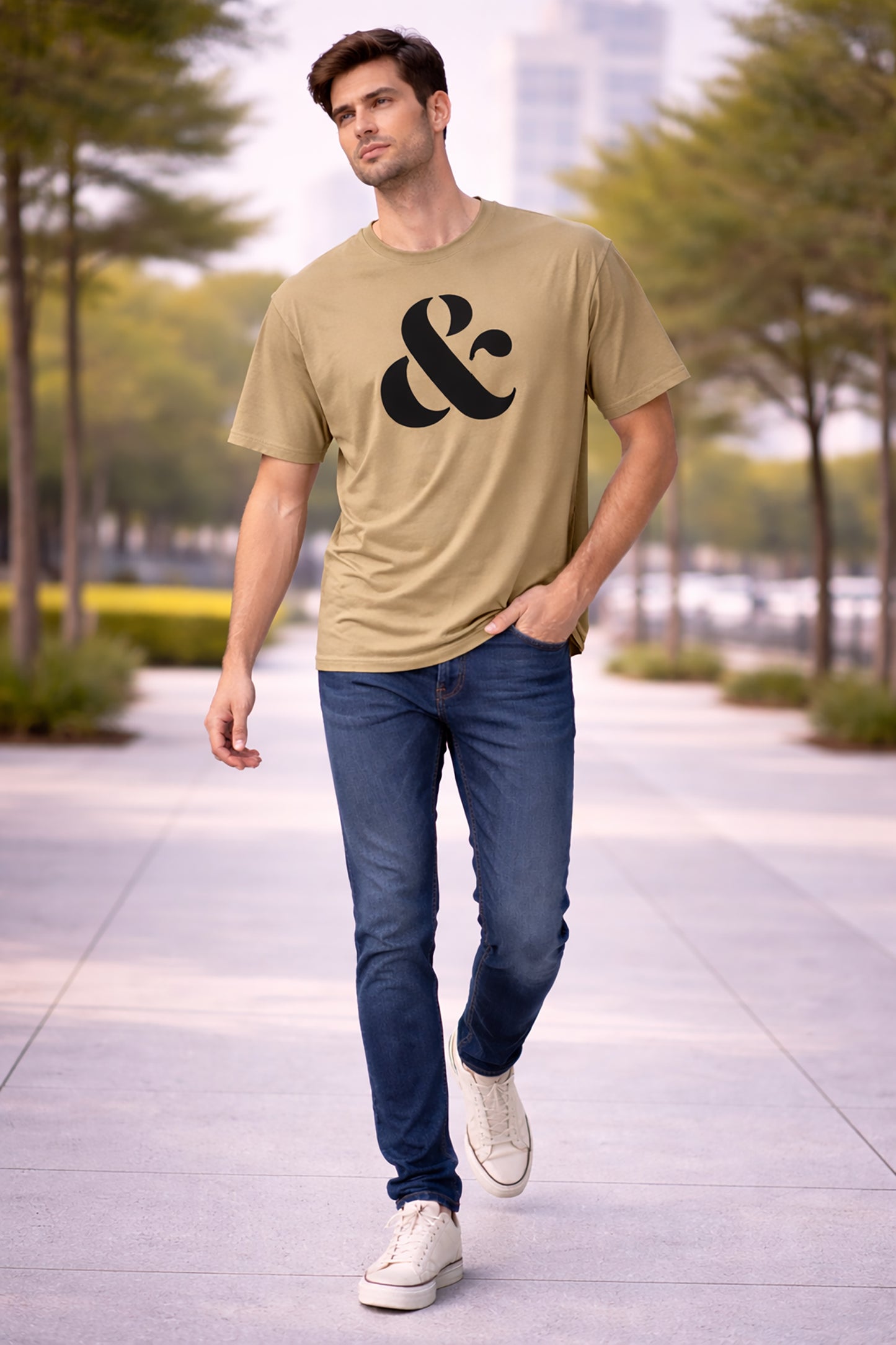 Khaki Men’s Graphic Print T-Shirt – Regular Fit Casual Wear