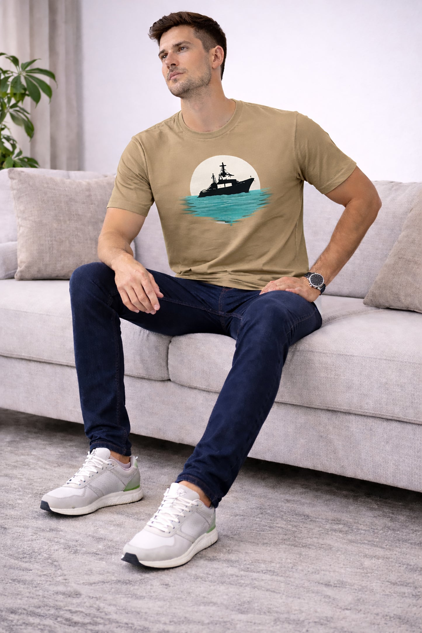 Khaki Men’s Graphic Print T-Shirt – Regular Fit Casual Wear