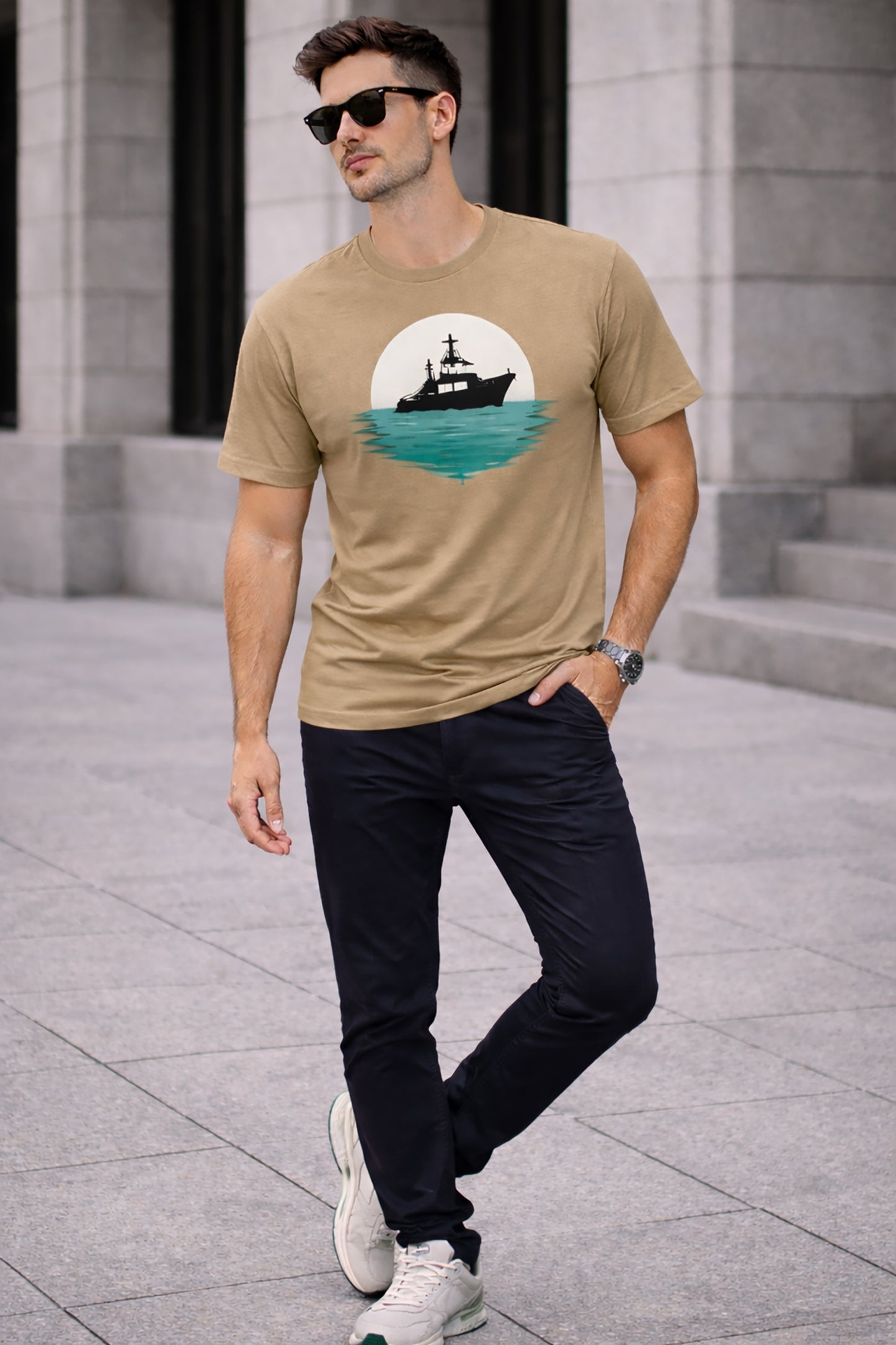Khaki Men’s Graphic Print T-Shirt – Regular Fit Casual Wear