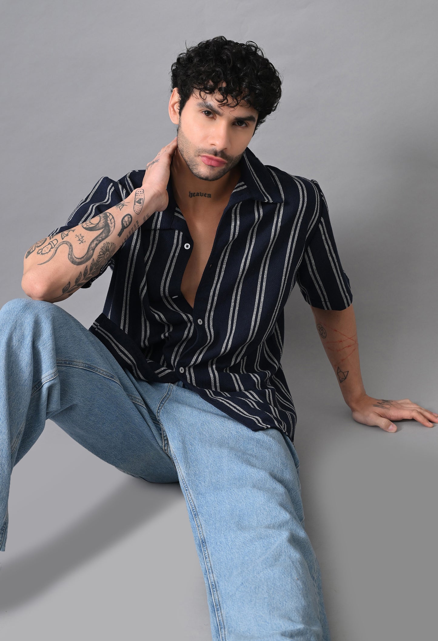 Navy Blue Men's Cotton Poplin Striped Regular Fit Full Casual & Semi Formal Shirts