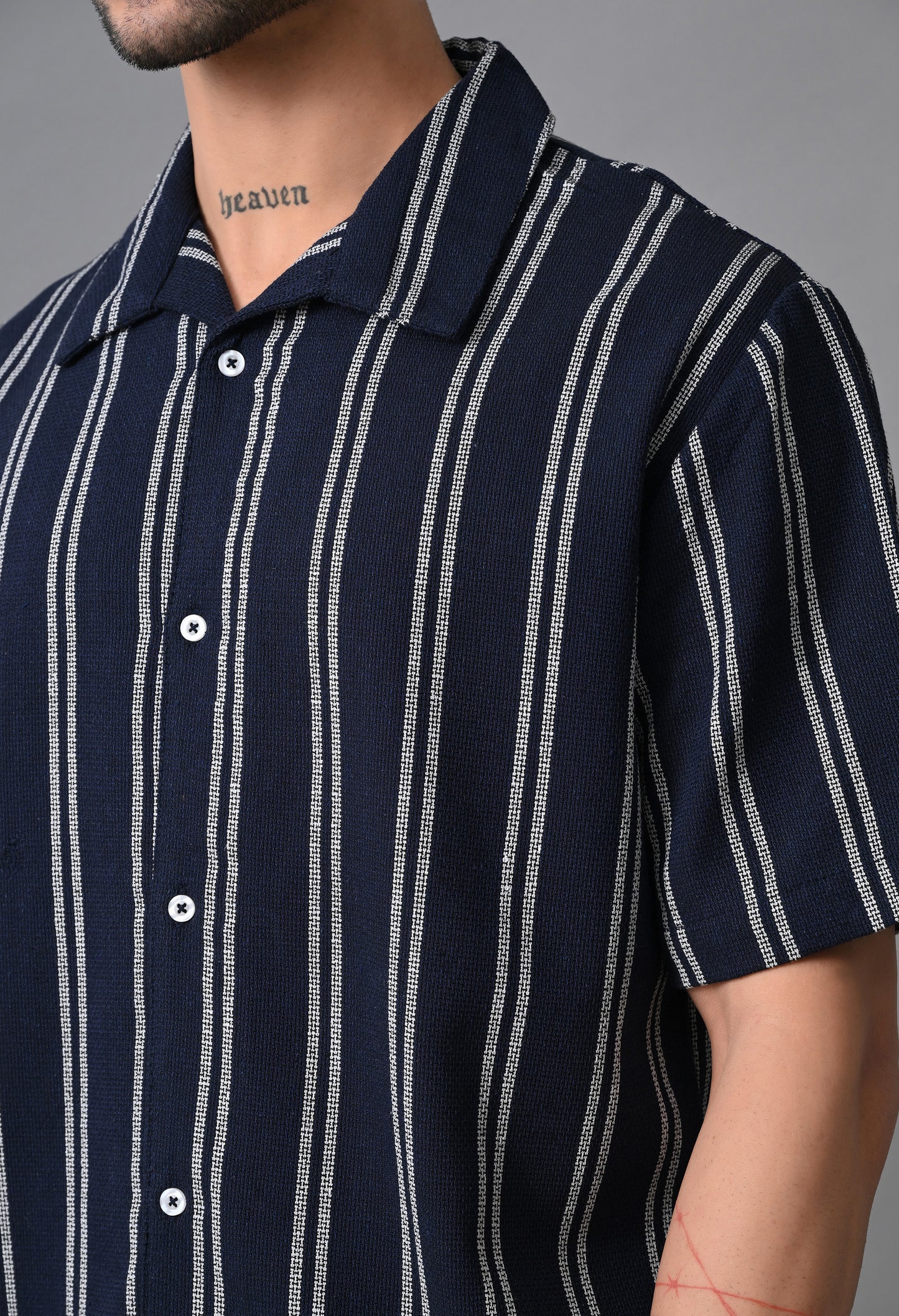 Navy Blue Men's Cotton Poplin Striped Regular Fit Full Casual & Semi Formal Shirts