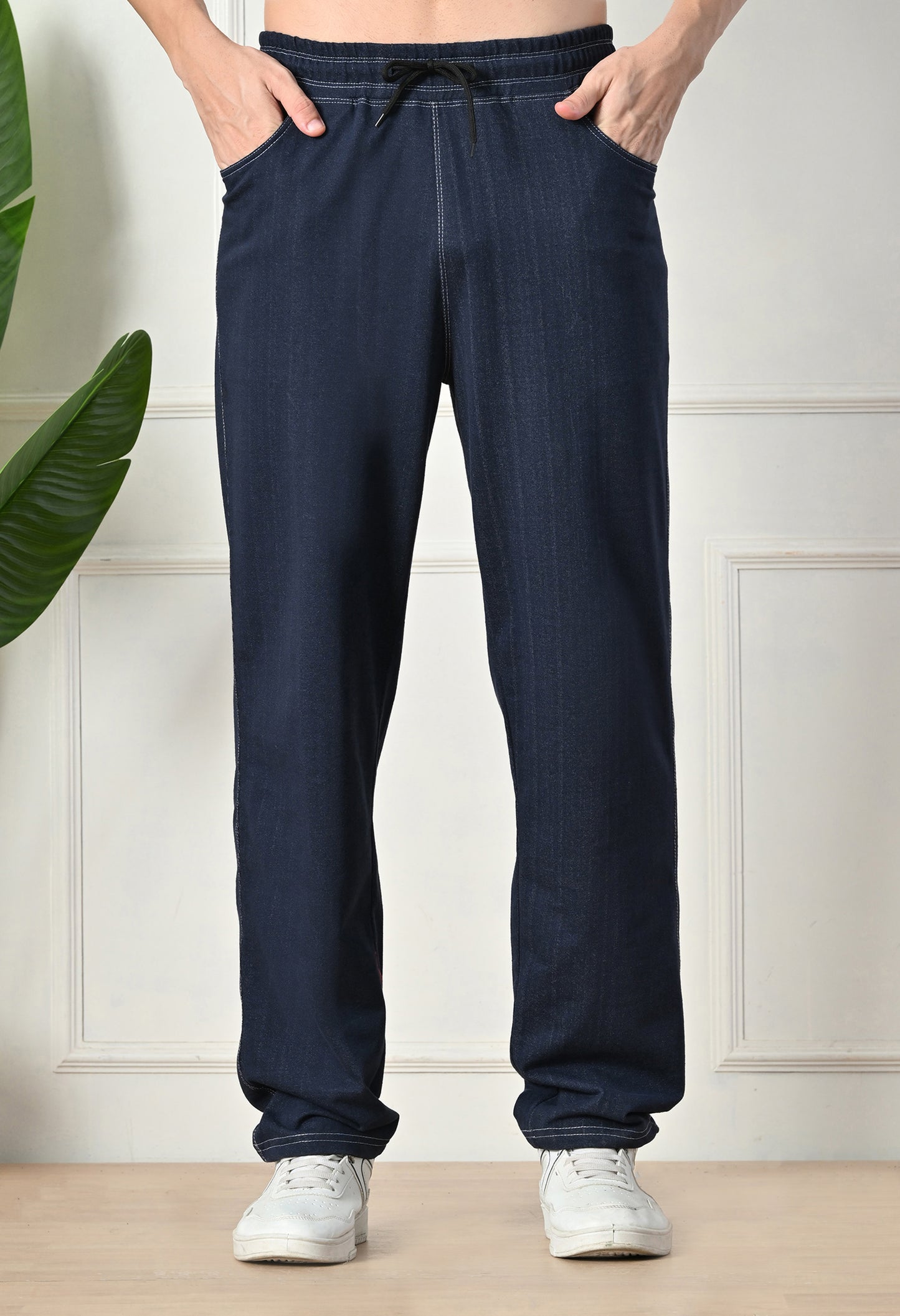 Navy Blue Men’s Knitted Tapered Jogger Pants – Mid-Rise Drawstring Athleisure Wear