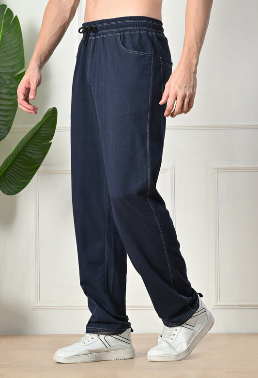 Navy Blue Men’s Knitted Tapered Jogger Pants – Mid-Rise Drawstring Athleisure Wear