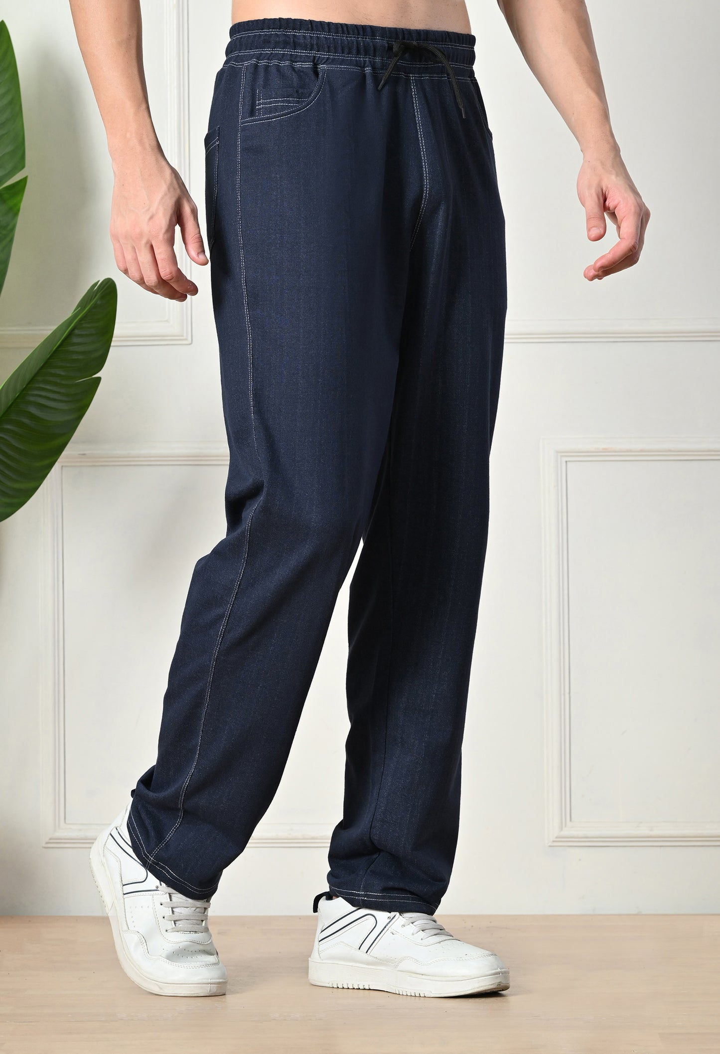 Navy Blue Men’s Knitted Tapered Jogger Pants – Mid-Rise Drawstring Athleisure Wear
