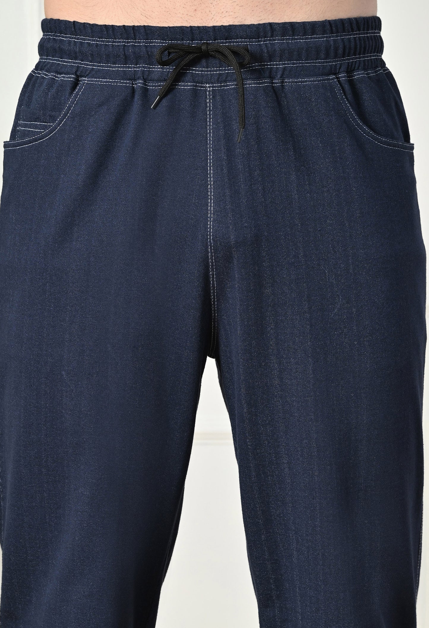 Navy Blue Men’s Knitted Tapered Jogger Pants – Mid-Rise Drawstring Athleisure Wear