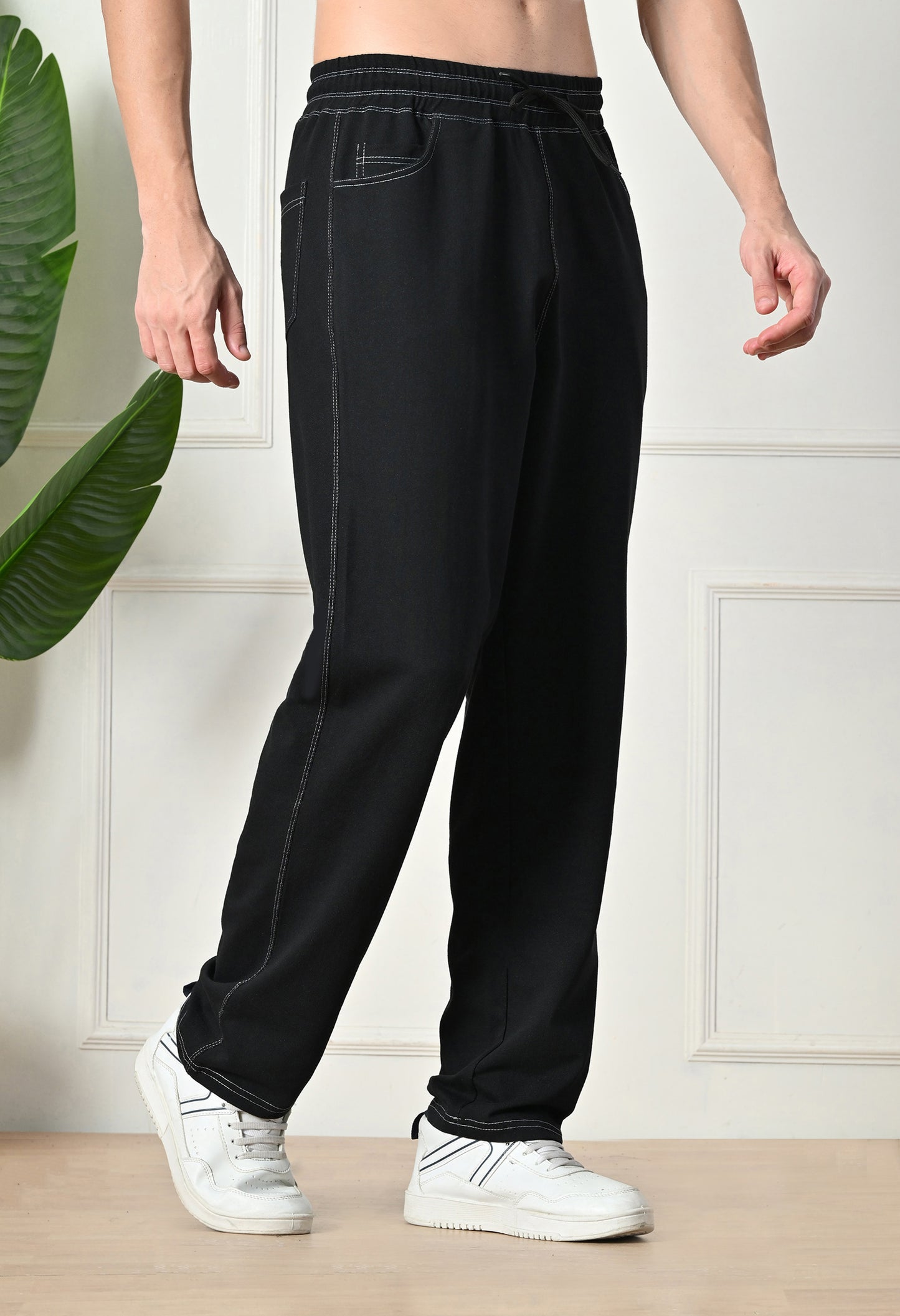 Black Men’s Knitted Tapered Jogger Pants – Mid-Rise Drawstring Athleisure Wear