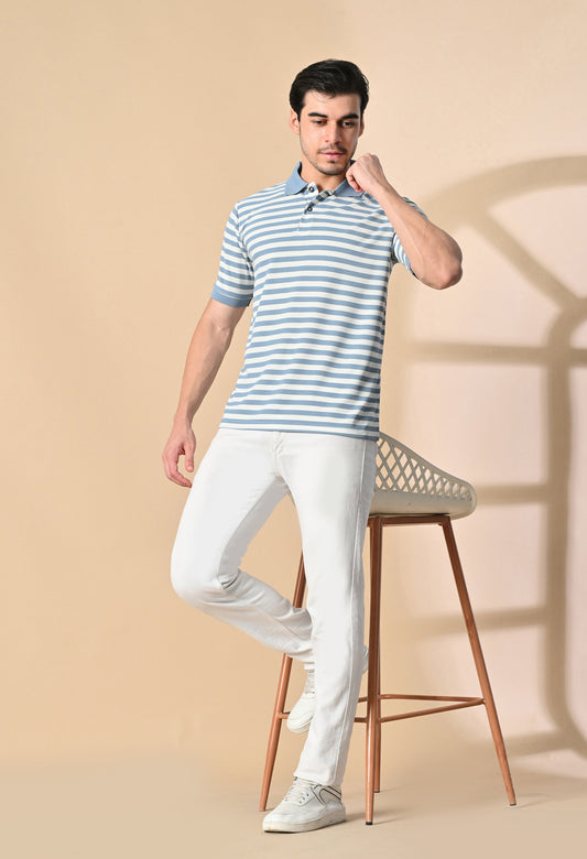 Light Blue Men’s Striped Polo T-Shirt – Regular Fit Casual Smart Wear
