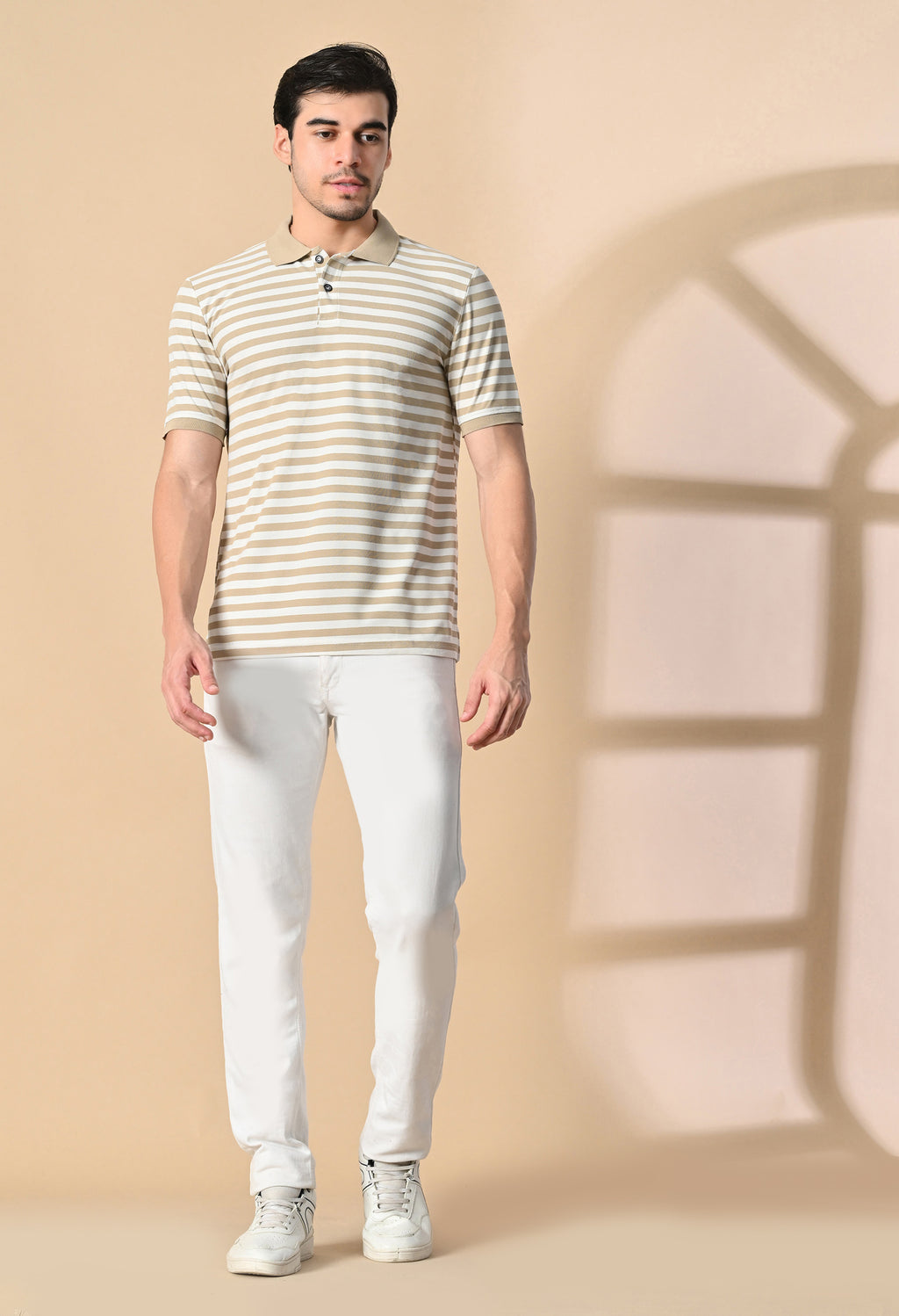 Beige Men’s Striped Polo T-Shirt – Regular Fit Casual Smart Wear