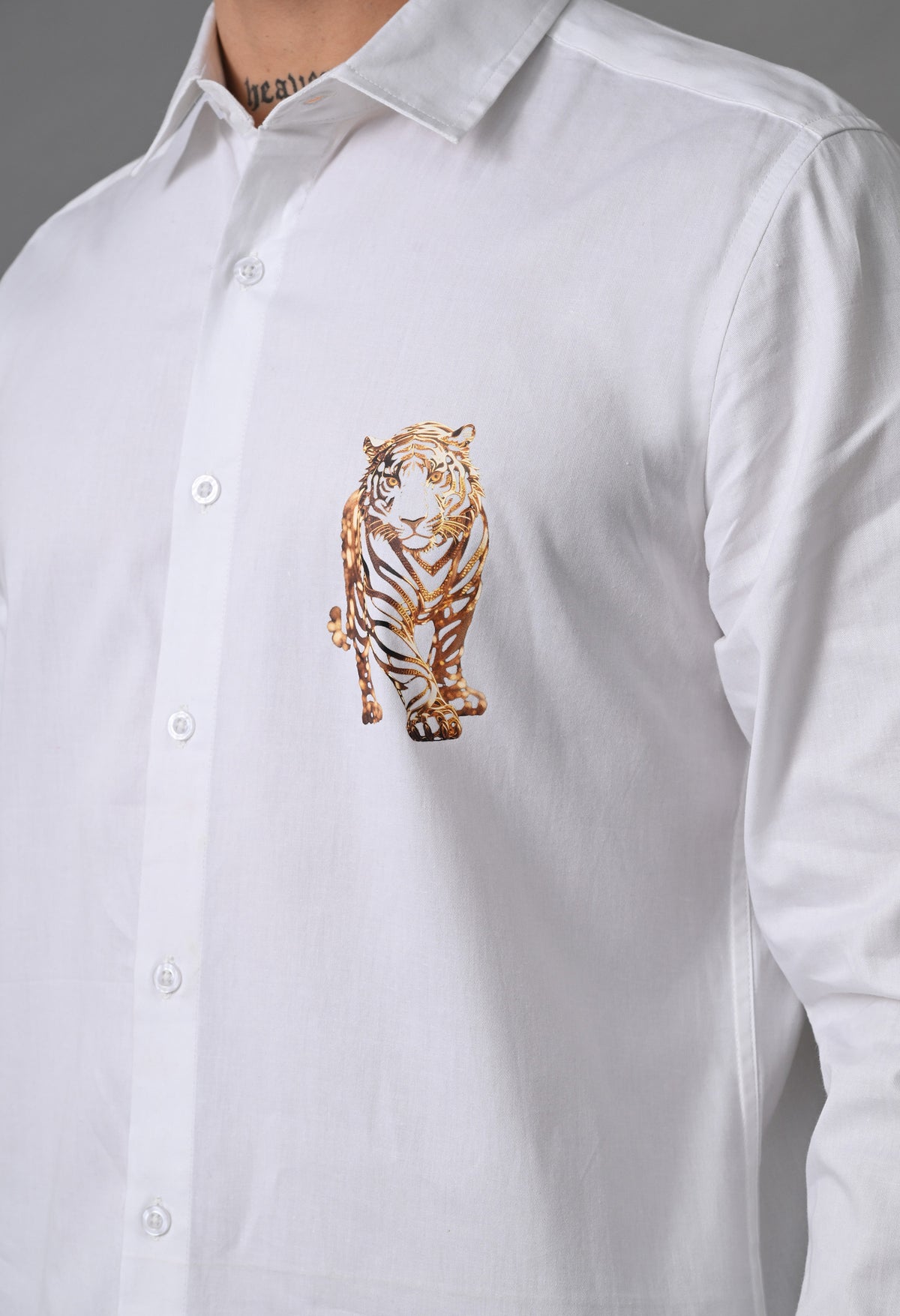 White Men's Graphic Printed Cotton Poplin Regular Fit Full Sleeve Formal Shirts