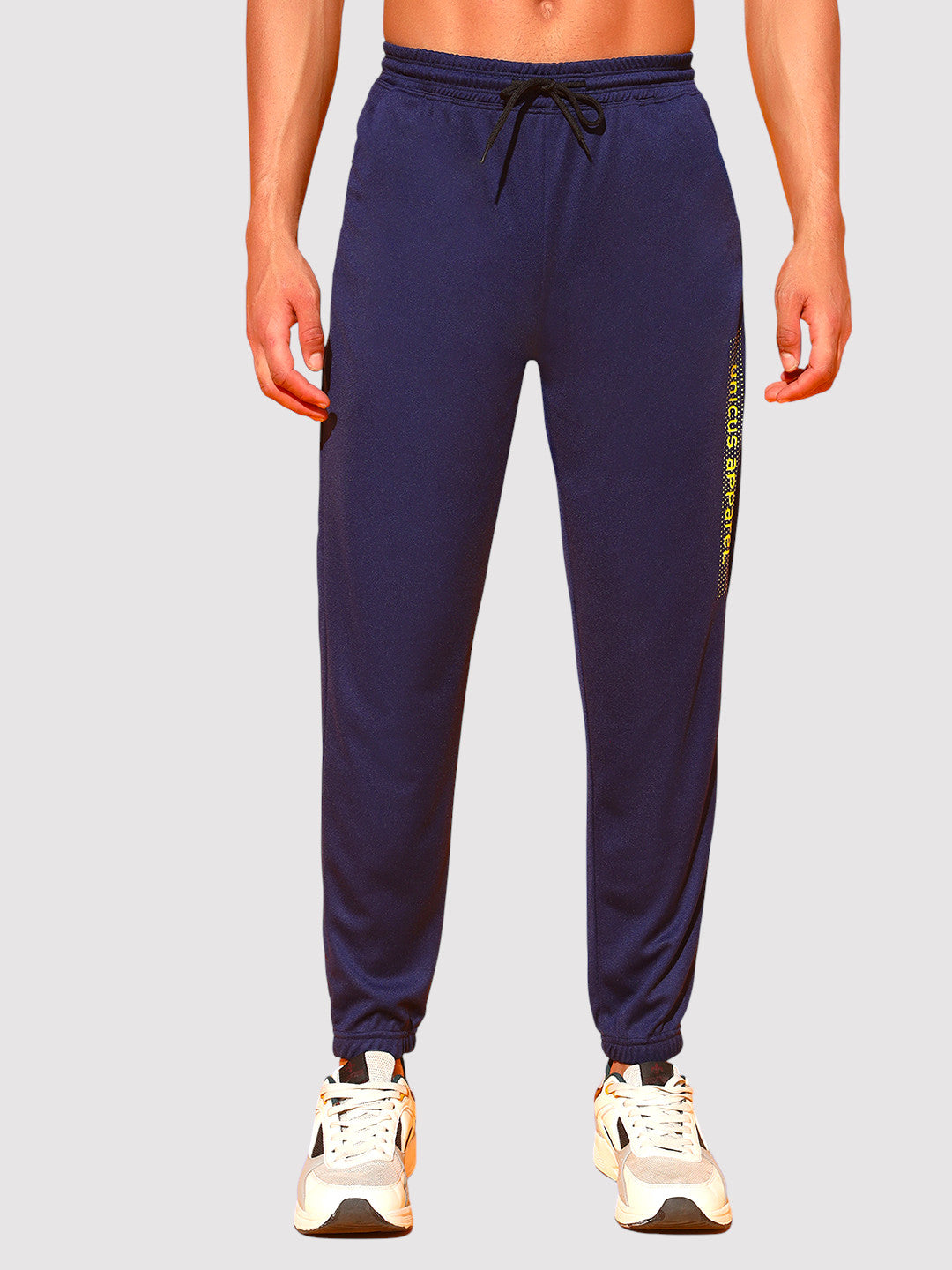 Navy Blue Men’s Knitted Tapered Jogger Pants – Mid-Rise Drawstring Athleisure Wear Main image