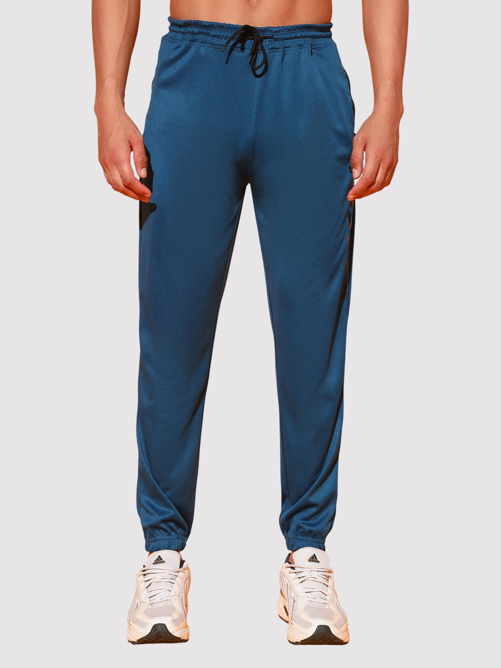 Blue Men’s Knitted Tapered Jogger Pants – Mid-Rise Drawstring Athleisure Wear