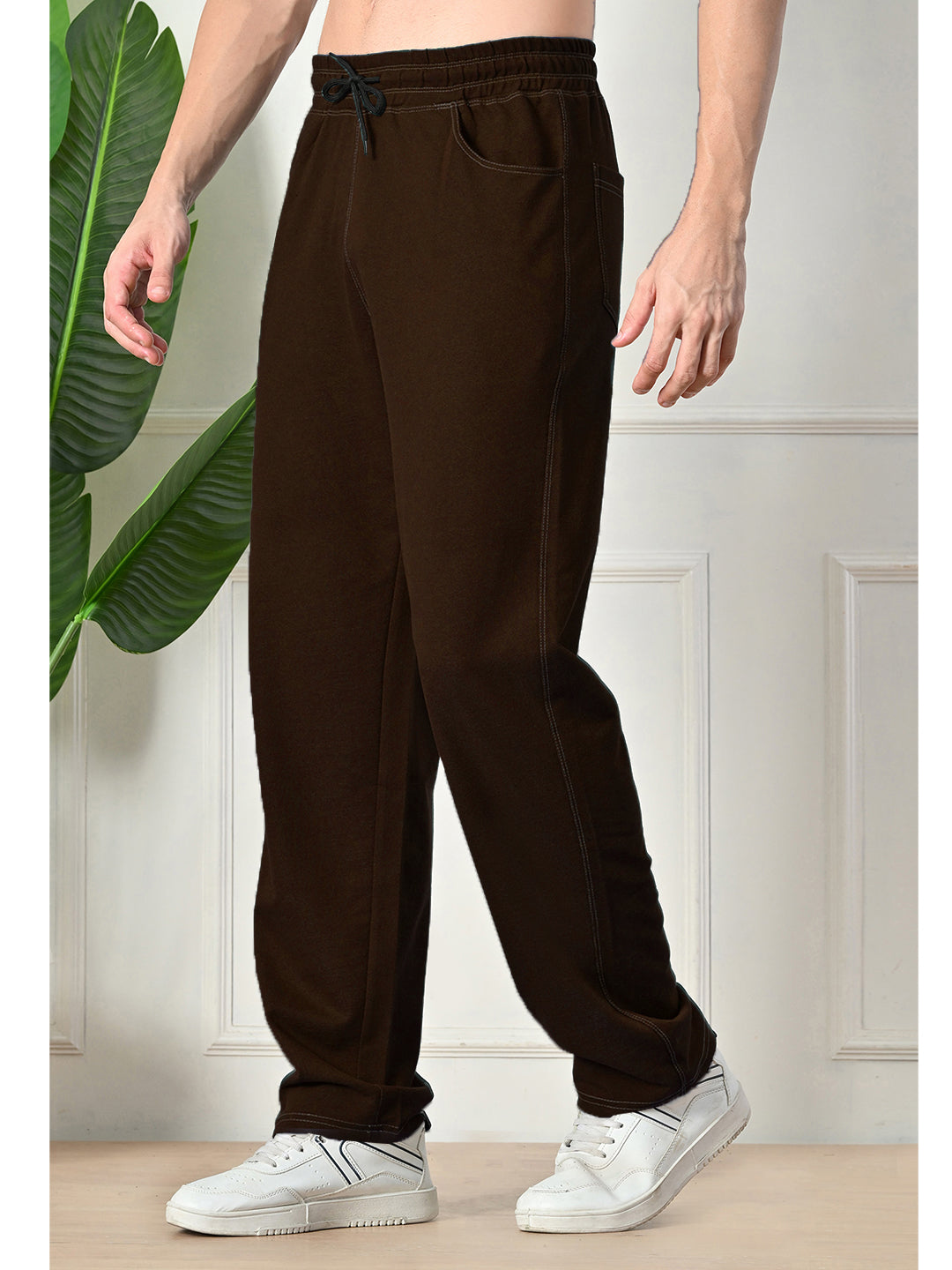 Dark Brown Men’s Knitted Tapered Jogger Pants – Mid-Rise Drawstring Athleisure Wear