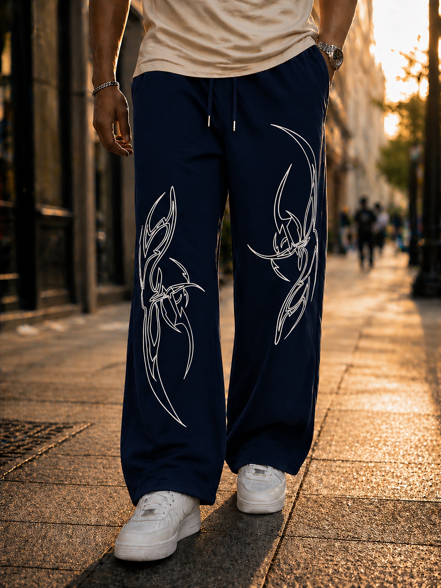 Navy Blue Men’s Graphic Printed Joggers – Regular Fit Streetwear Casual Wear