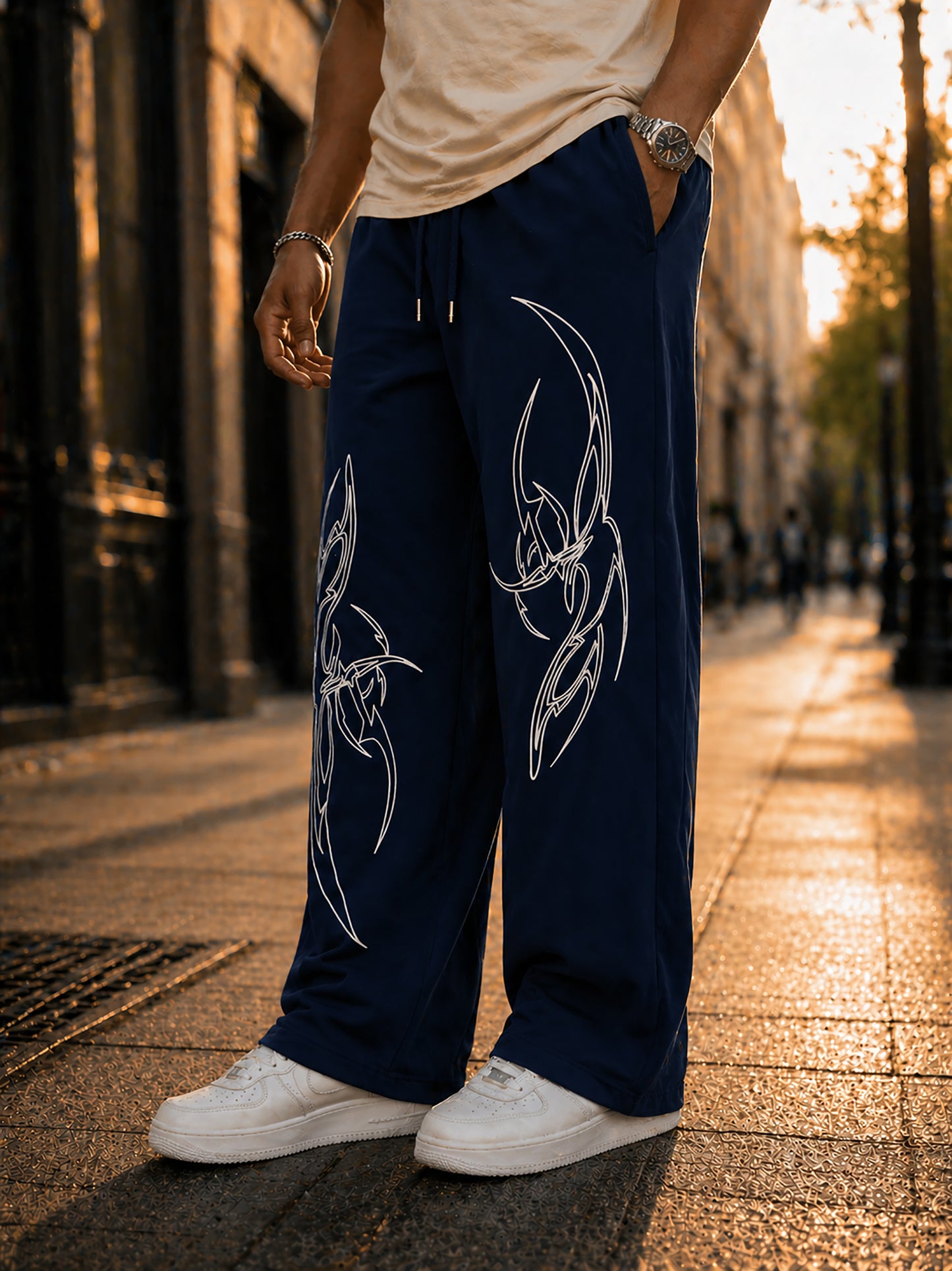 Navy Blue Men’s Graphic Printed Joggers – Regular Fit Streetwear Casual Wear