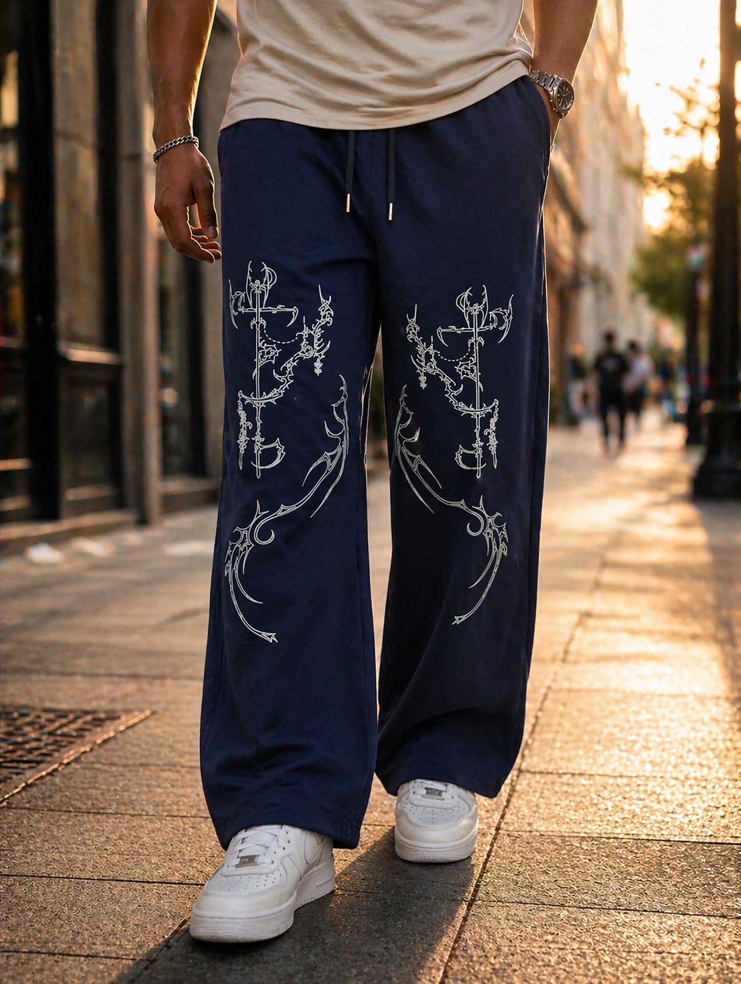 Navy Blue Men’s Graphic Printed Joggers – Regular Fit Streetwear Casual Wear
