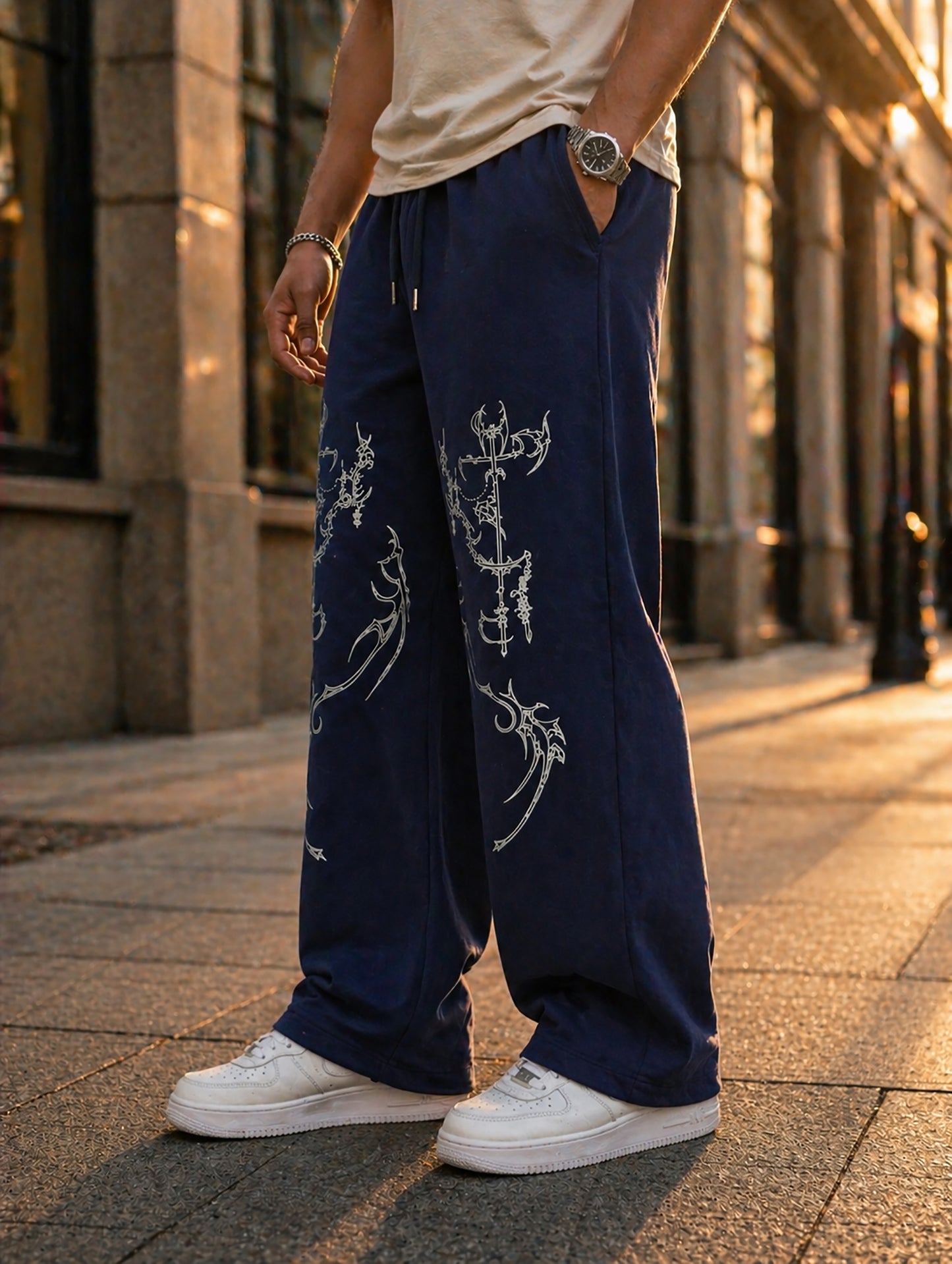 Navy Blue Men’s Graphic Printed Joggers – Regular Fit Streetwear Casual Wear