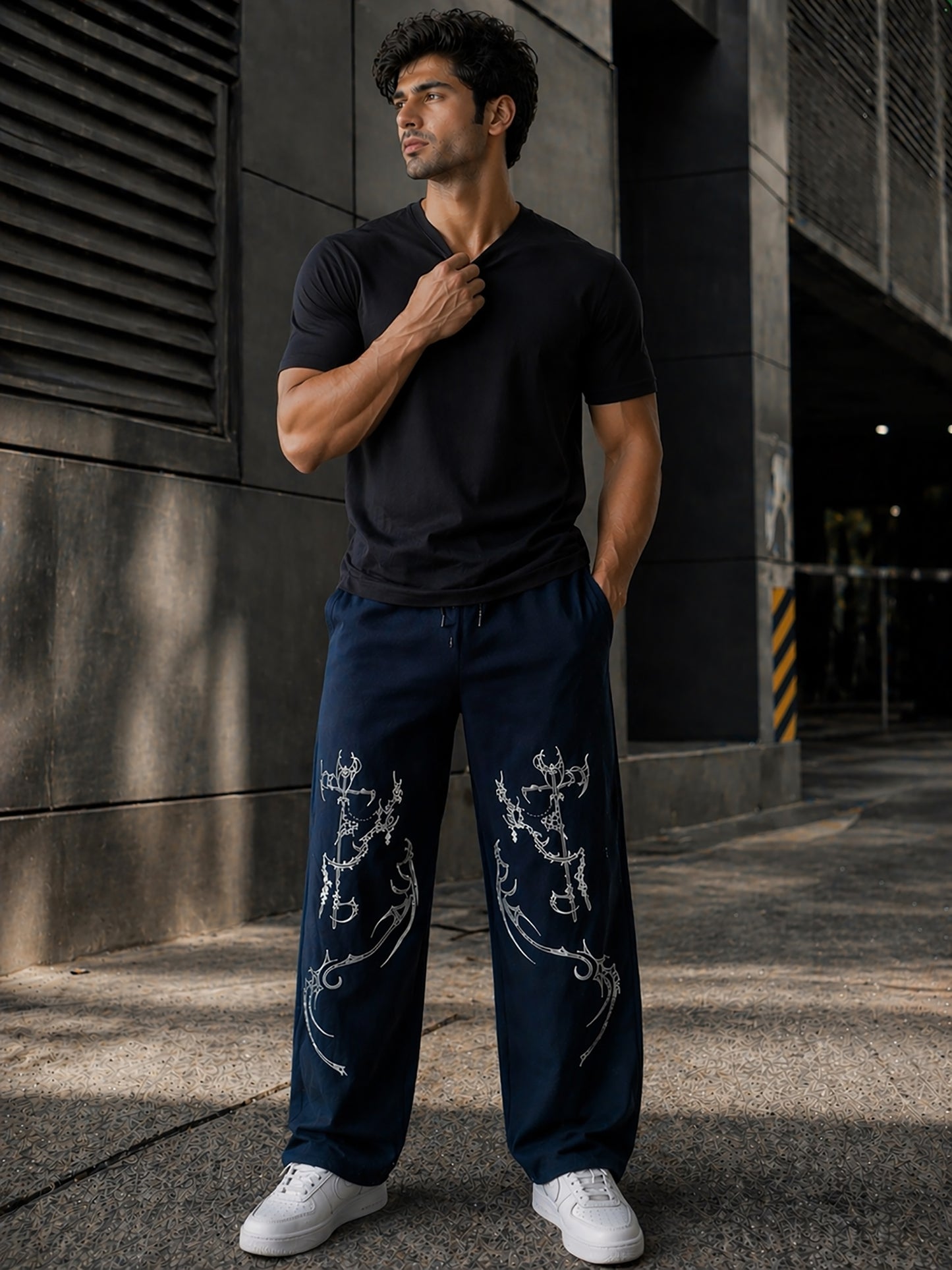 Navy Blue Men’s Graphic Printed Joggers – Regular Fit Streetwear Casual Wear