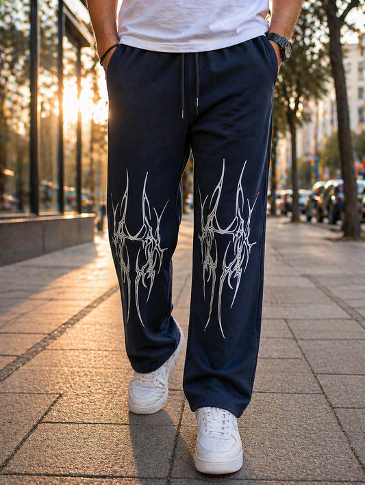 Navy Blue Men’s Graphic Printed Joggers – Regular Fit Streetwear Casual Wear
