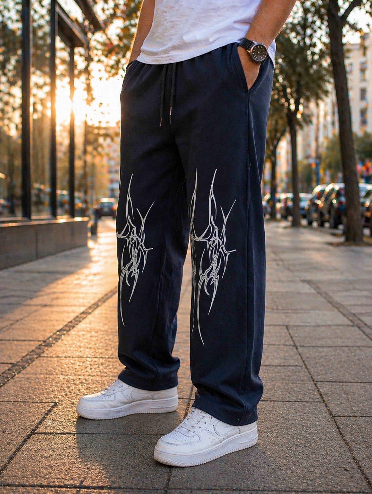 Navy Blue Men’s Graphic Printed Joggers – Regular Fit Streetwear Casual Wear