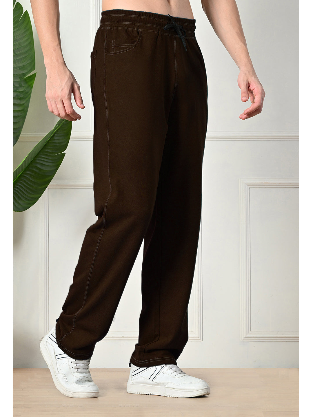 Dark Brown Men’s Knitted Tapered Jogger Pants – Mid-Rise Drawstring Athleisure Wear Secondary image