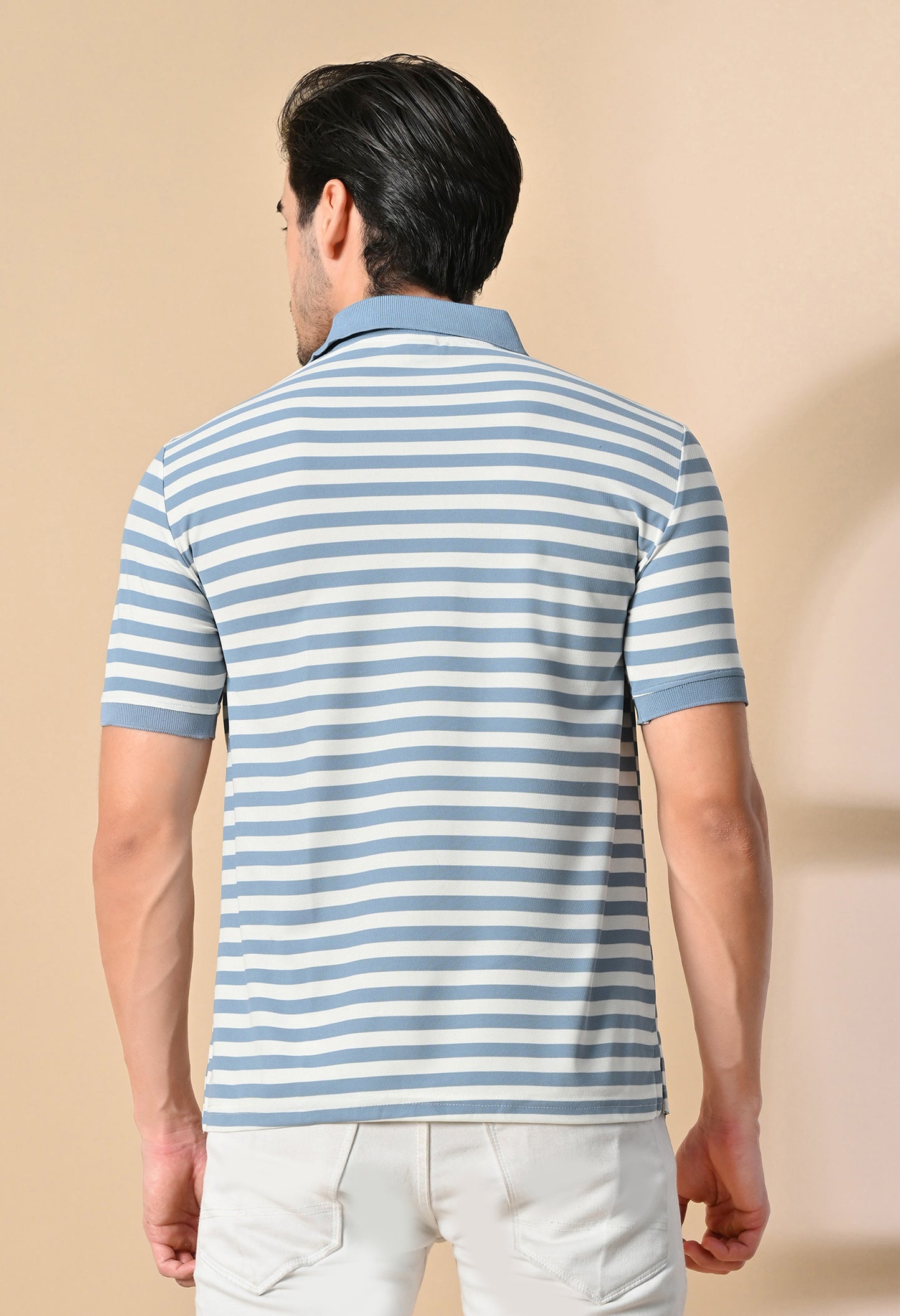 Light Blue Men’s Striped Polo T-Shirt – Regular Fit Casual Smart Wear