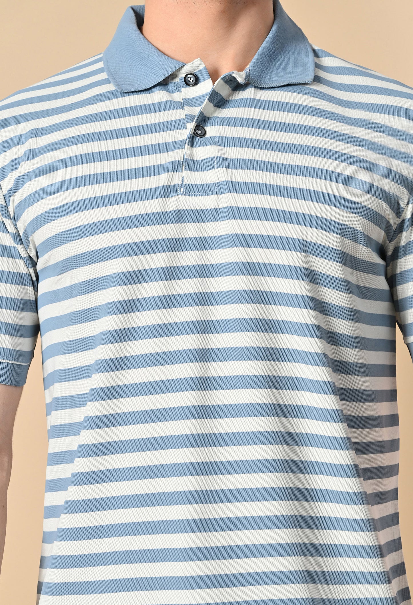 Light Blue Men’s Striped Polo T-Shirt – Regular Fit Casual Smart Wear
