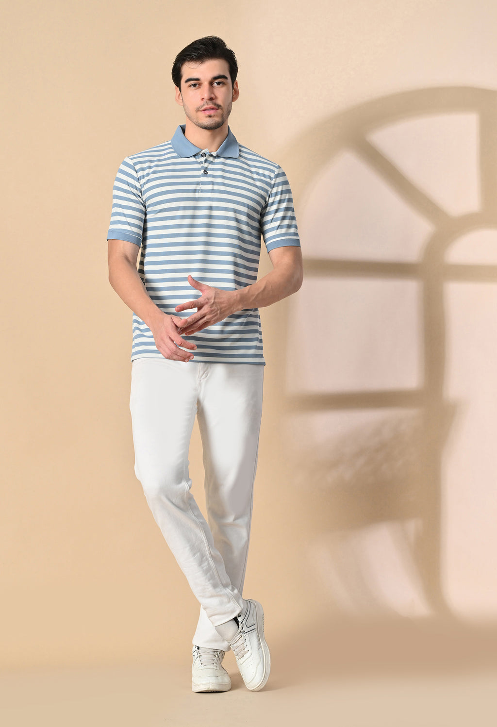 Light Blue Men’s Striped Polo T-Shirt – Regular Fit Casual Smart Wear