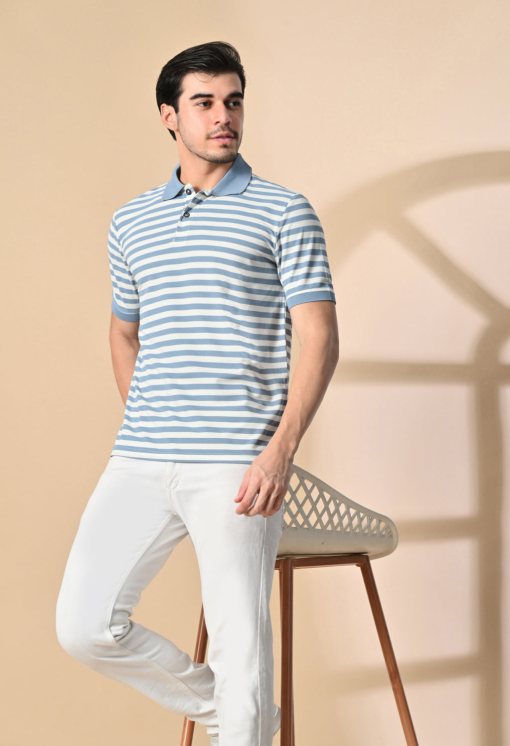 Light Blue Men’s Striped Polo T-Shirt – Regular Fit Casual Smart Wear