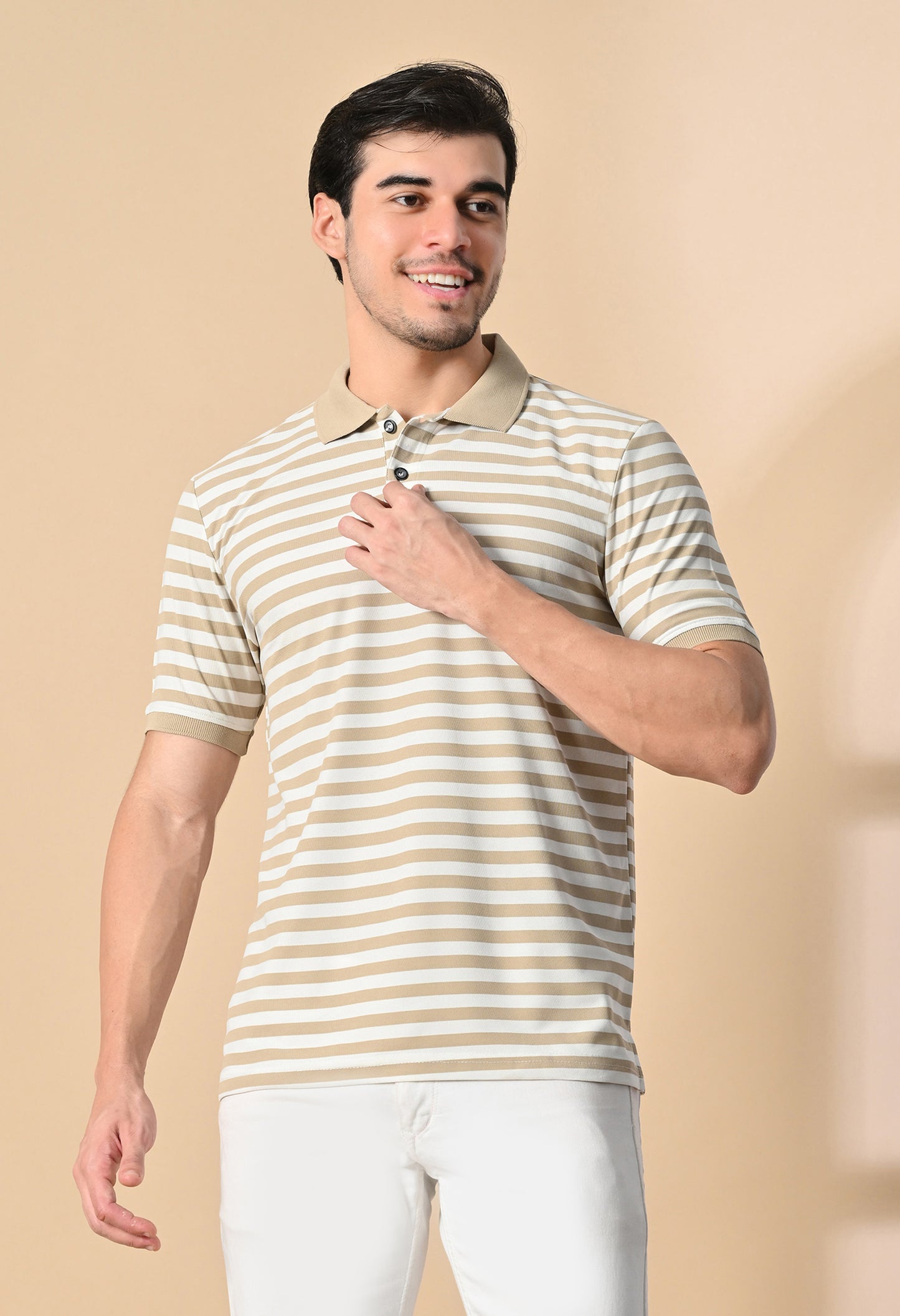 Beige Men’s Striped Polo T-Shirt – Regular Fit Casual Smart Wear