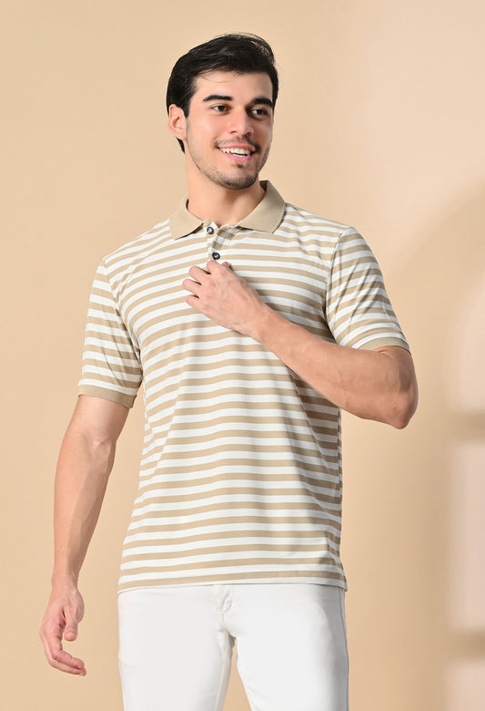 Beige Men’s Striped Polo T-Shirt – Regular Fit Casual Smart Wear