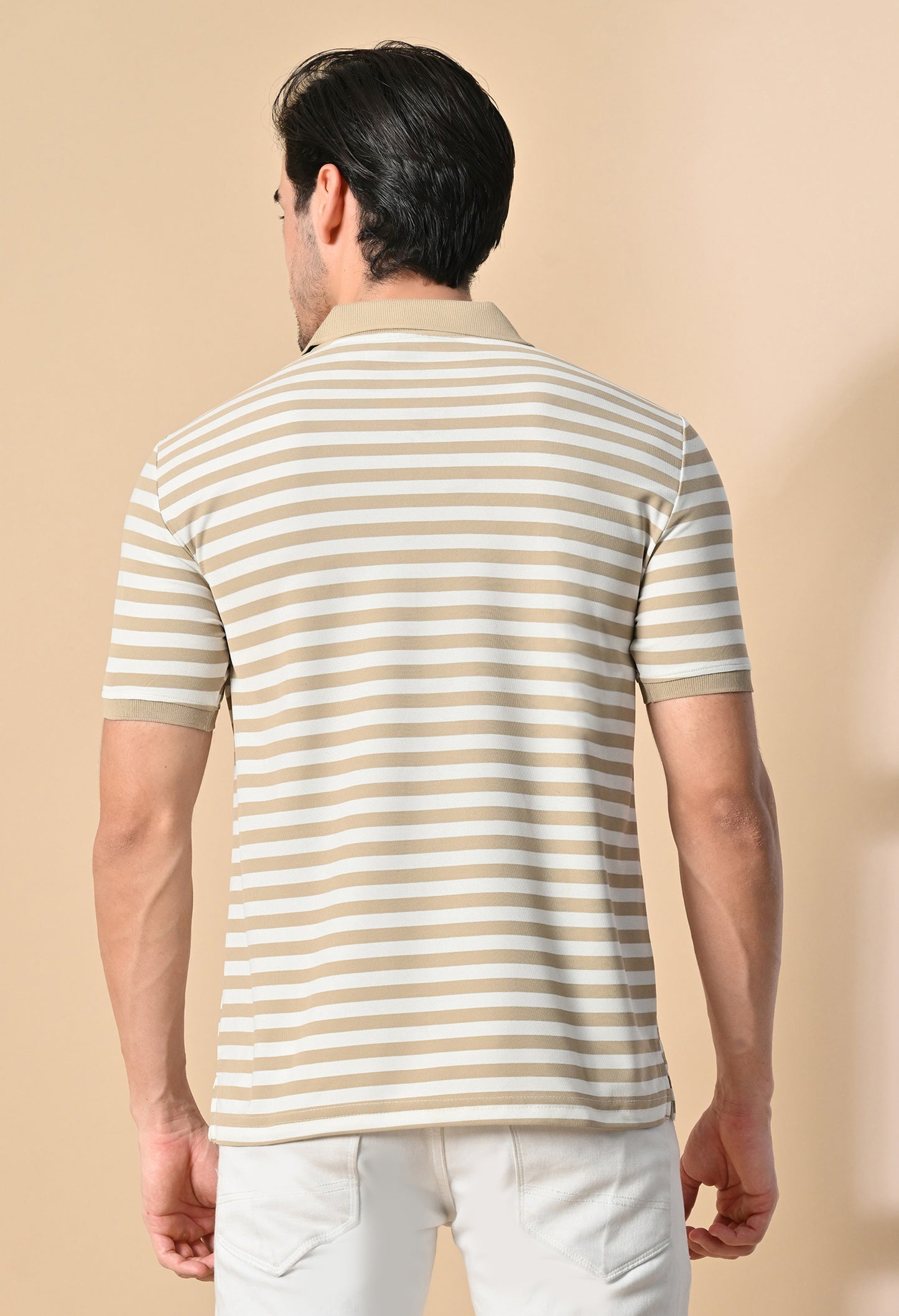 Beige Men’s Striped Polo T-Shirt – Regular Fit Casual Smart Wear