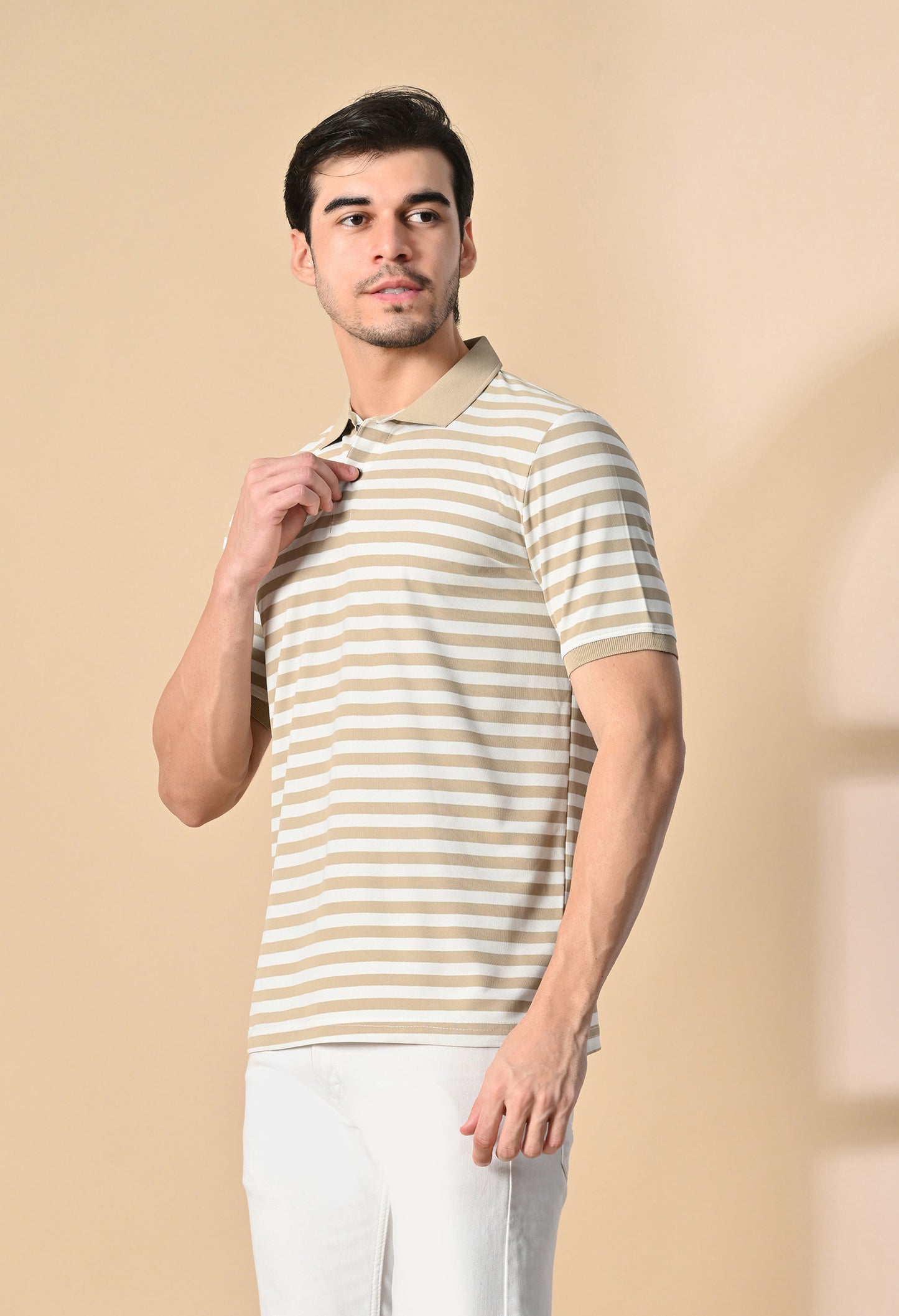 Beige Men’s Striped Polo T-Shirt – Regular Fit Casual Smart Wear