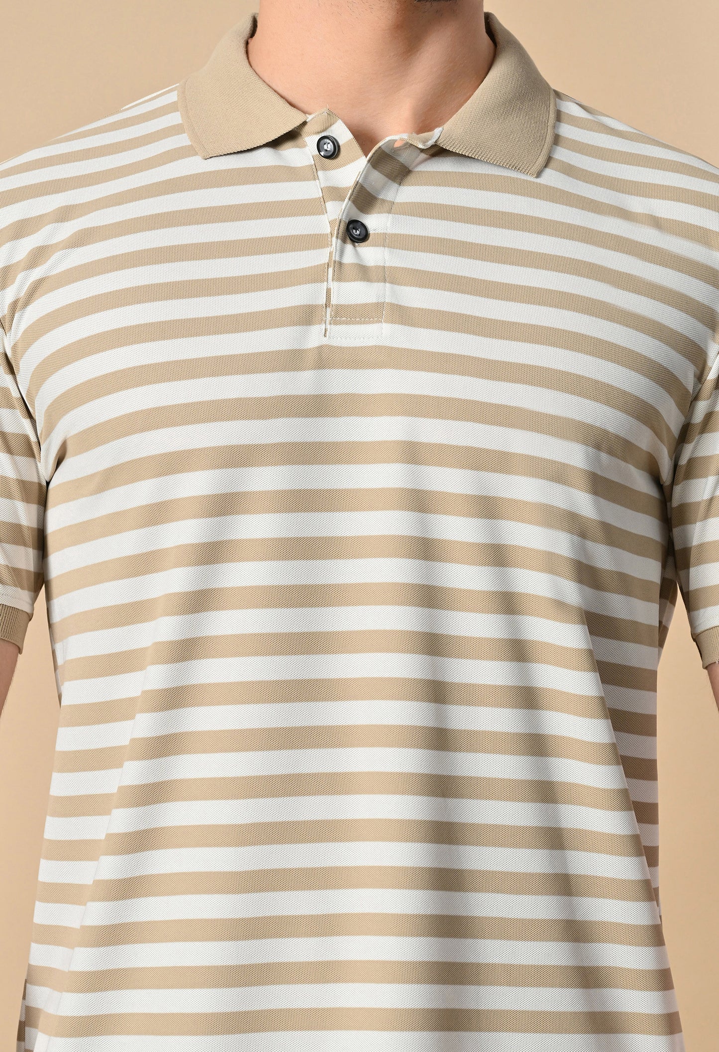 Beige Men’s Striped Polo T-Shirt – Regular Fit Casual Smart Wear