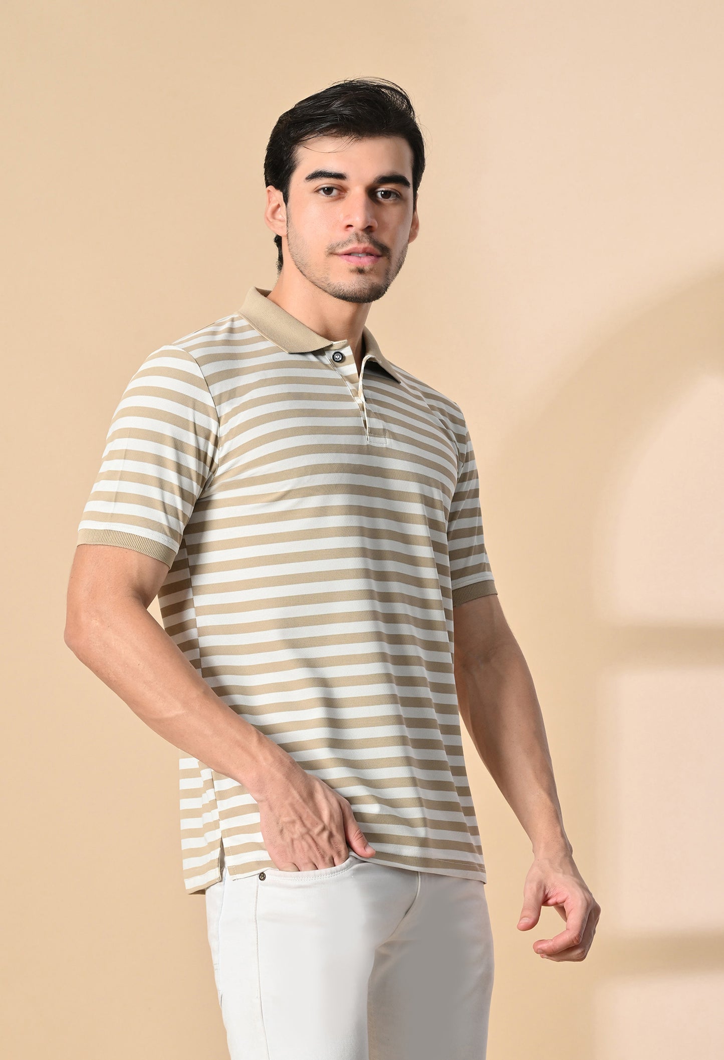 Beige Men’s Striped Polo T-Shirt – Regular Fit Casual Smart Wear