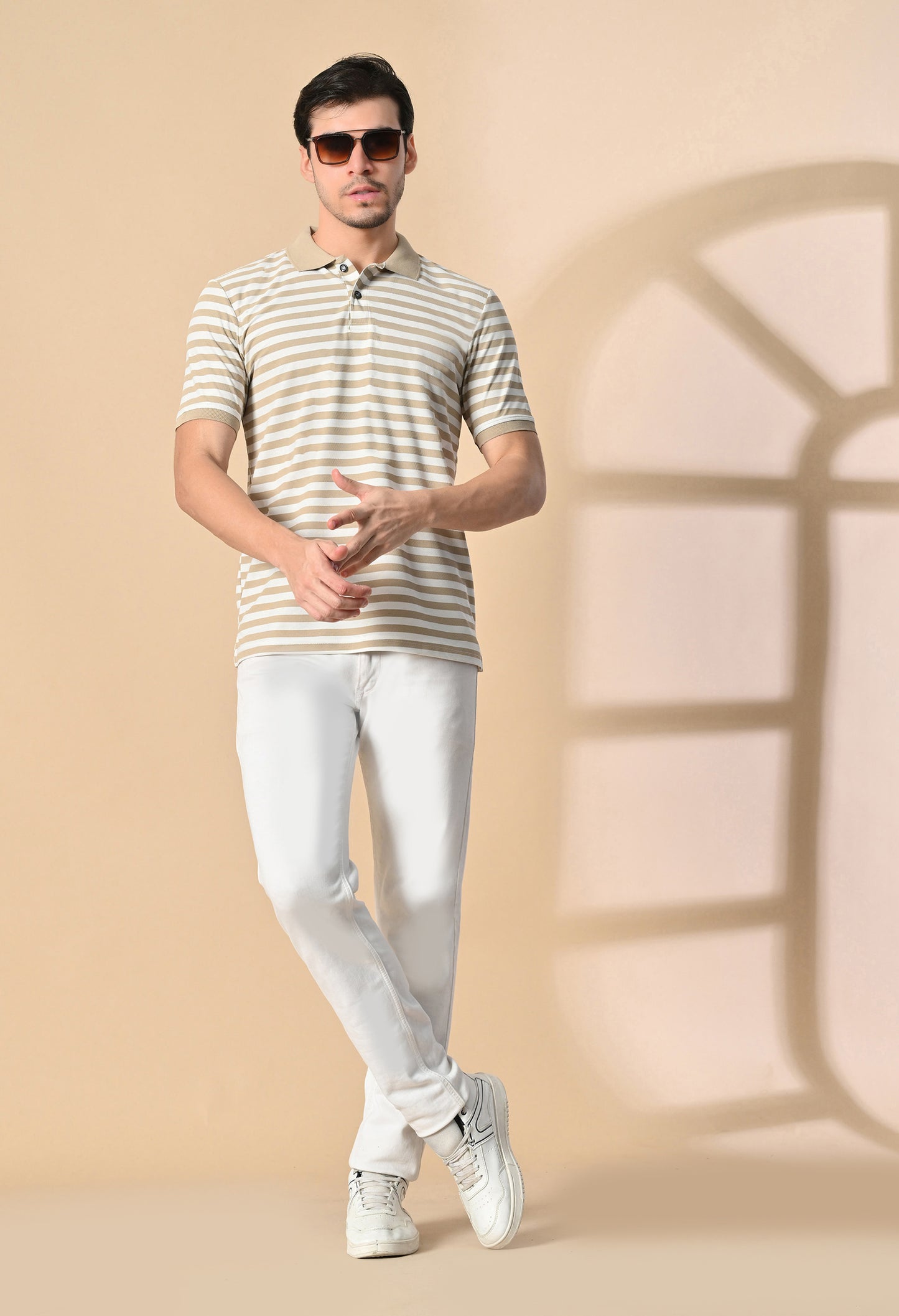 Beige Men’s Striped Polo T-Shirt – Regular Fit Casual Smart Wear