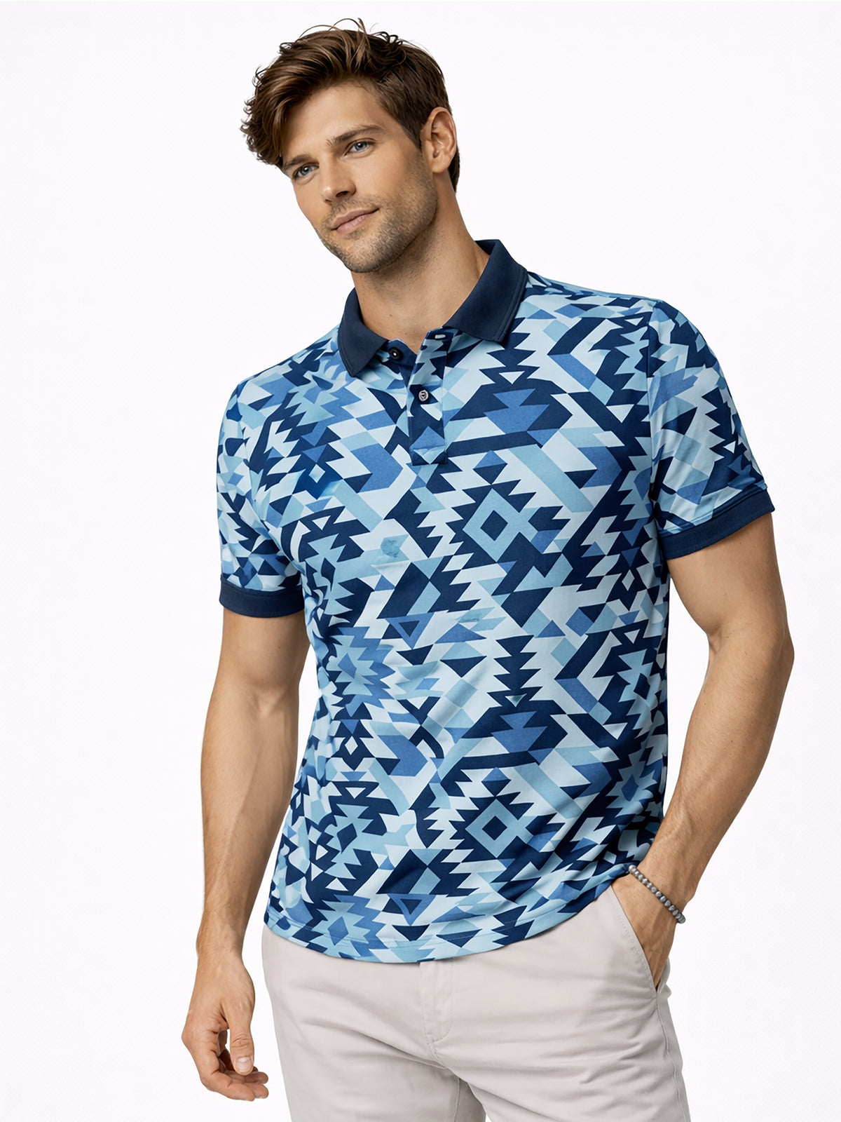 MultiColour Men’s Geometric Printed Polo T-Shirt – Regular Fit Casual Wear