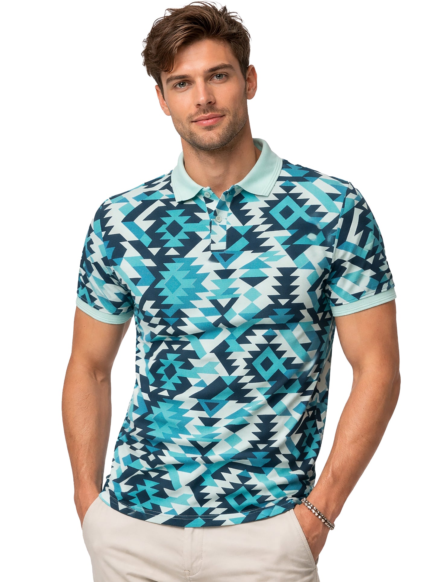MultiColour Men’s Geometric Printed Polo T-Shirt – Regular Fit Casual Wear