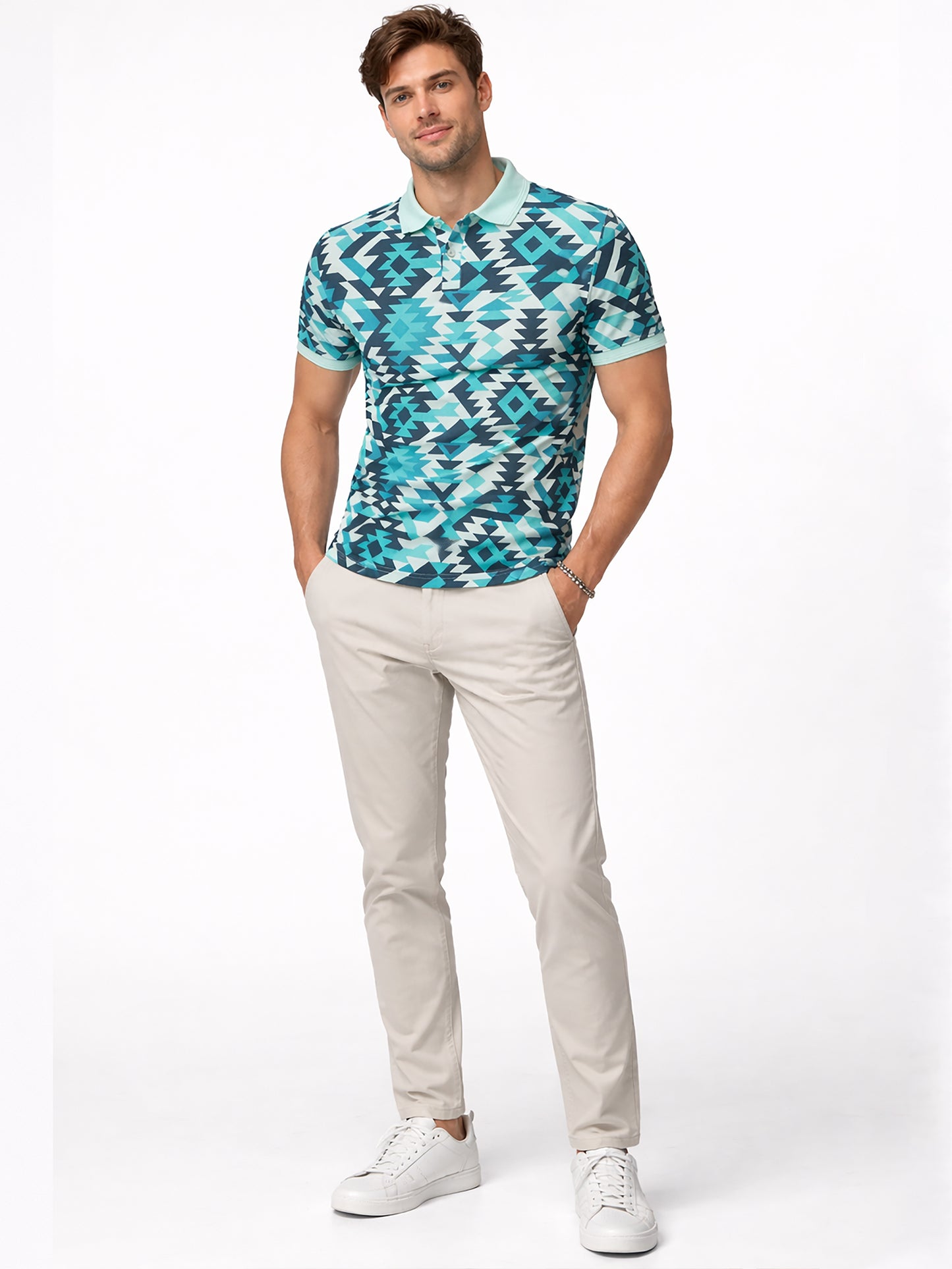 MultiColour Men’s Geometric Printed Polo T-Shirt – Regular Fit Casual Wear