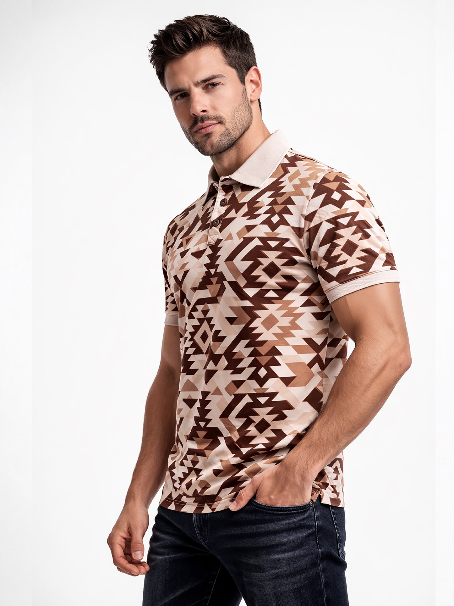 MultiColour Men’s Geometric Printed Polo T-Shirt – Regular Fit Casual Wear