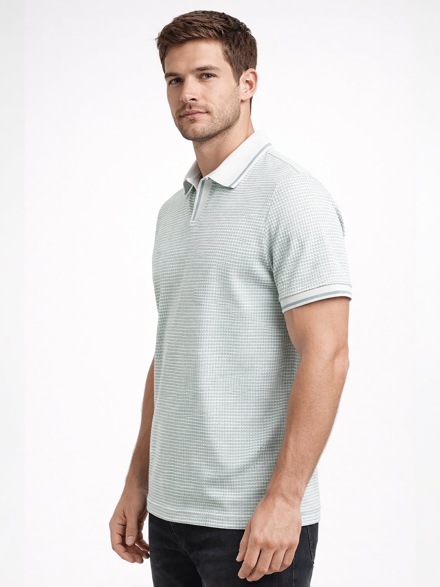 Light Green Men’s Textured Polo T-Shirt – Regular Fit Smart Casual Wear