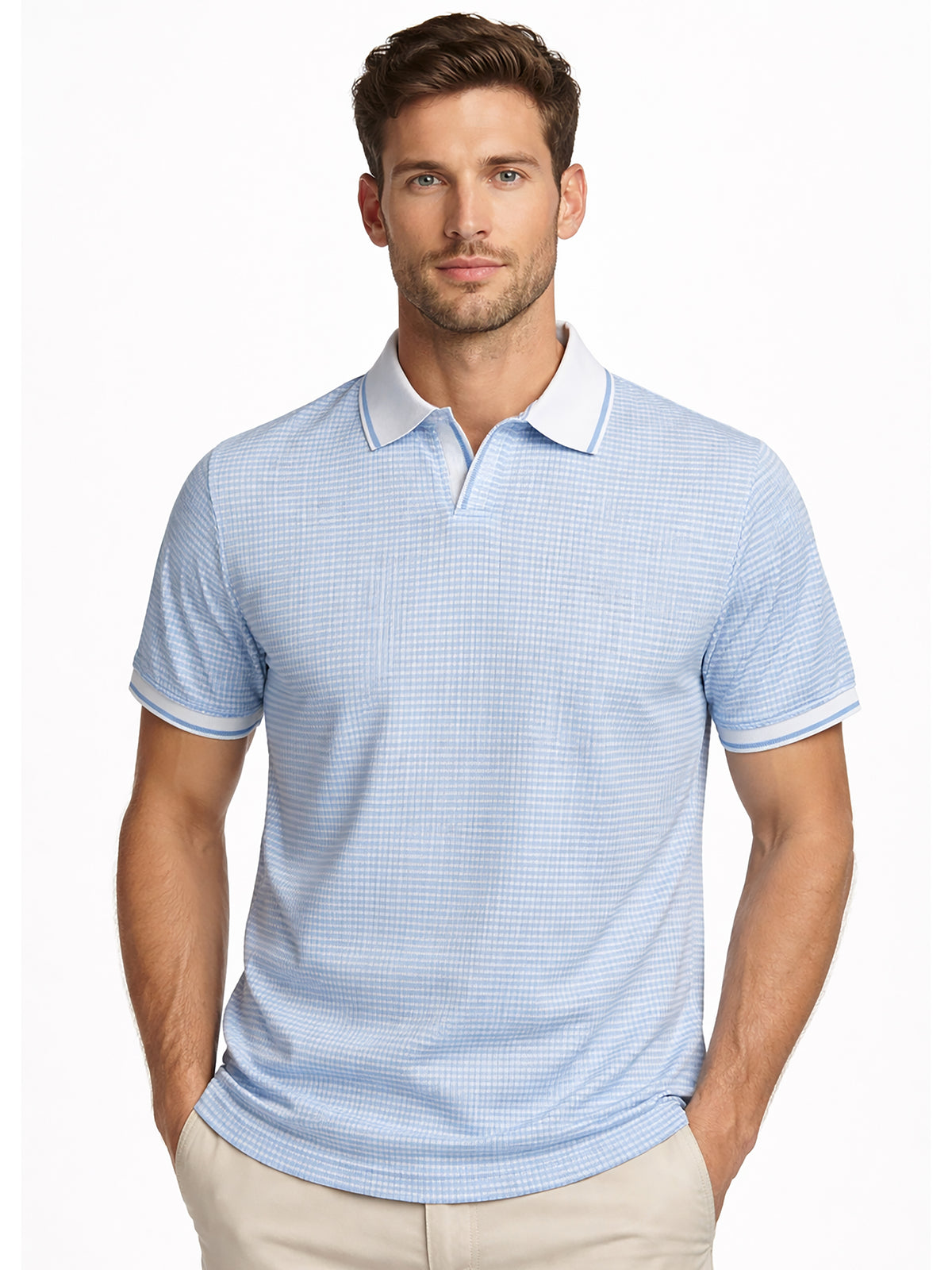 Light Blue Men’s Textured Polo T-Shirt – Regular Fit Smart Casual Wear